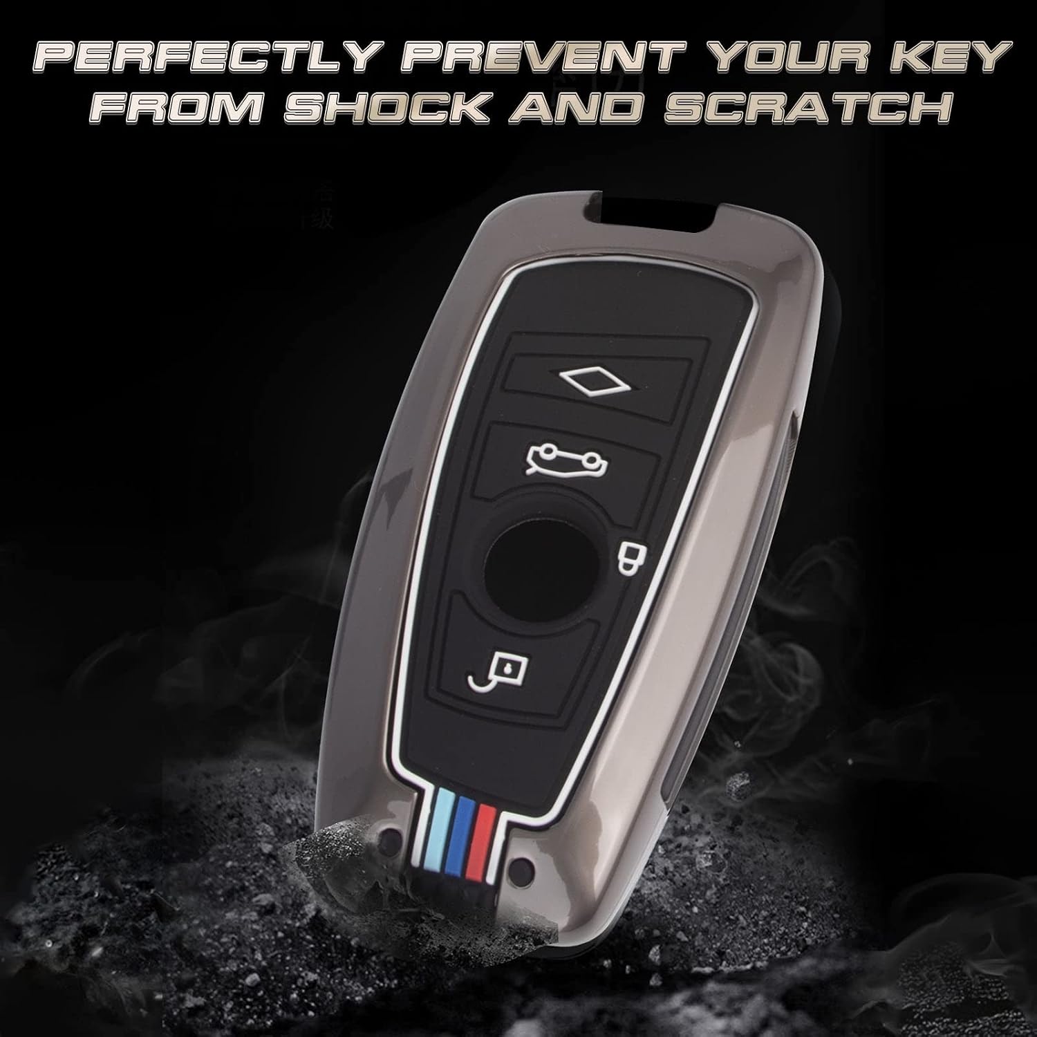 x xotic tech 3-Color Stripe Gunmetal Grey Metal Key Fob Cover Shell Case w/Keychain, Compatible with BMW X3 X5 1 2 3 4 5 6 7 GT Series Z4 M3 M5 G05 G20 G30 G80 F10 F15 F30 F80 F85 F95 iX