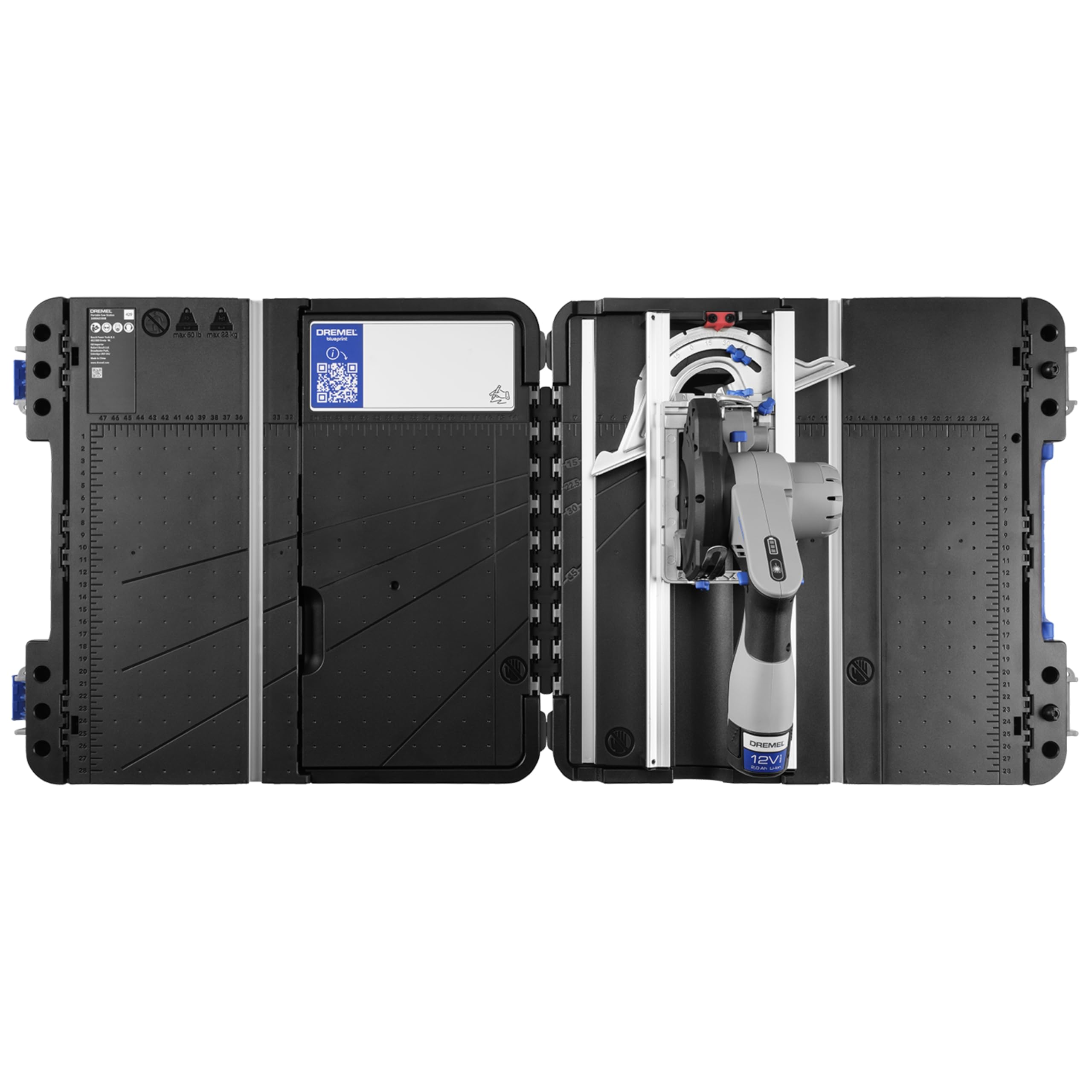 Dremel Blueprint Bürstenlose 12V Akku-Mobile Sägestation mit 1x Kompakt-säge, 1x Sägetischkoffer, 1x 2.0 Akku + Ladegerät, 1x Multi Material Kreissägeblatt, 2x Schraub-zwingen, Mehrere Schnitt-Arten
