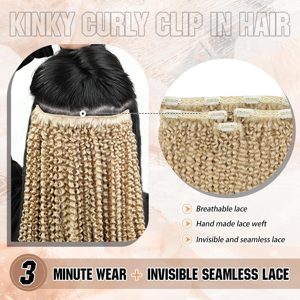 4Pcs Afro Kinky Curly Clip in Hair Extensions Real Human Hair, 18 Inch 70g Bleach Blonde, Lace Invisible Seamless & Thicken, 4B 4C Remy Clip Ins for Women