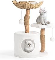 Easyego Modern Wood Cat Tree for Small Cats - Luxury Tower with Scratching Posts, Flower Platforms, White Condo