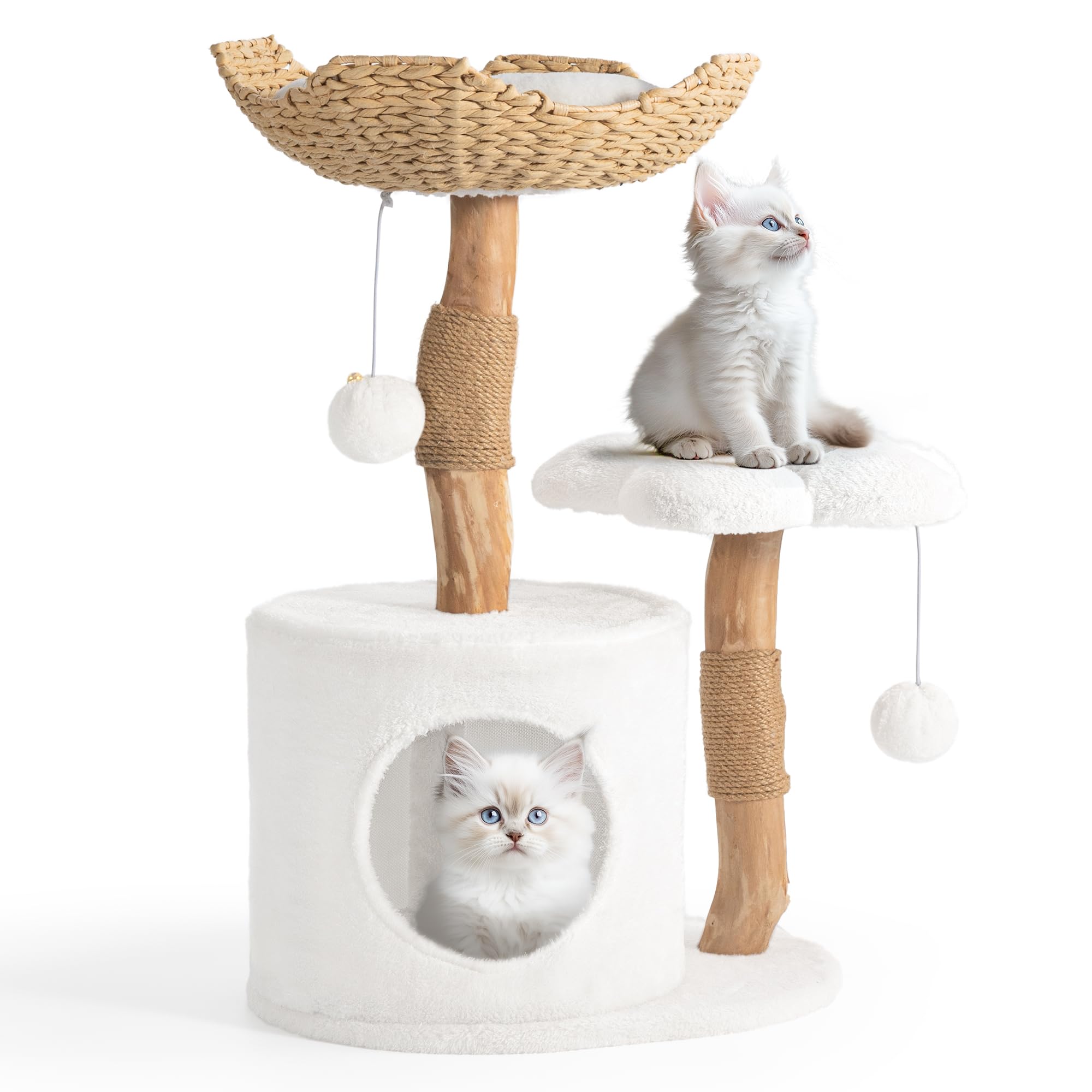 Modern Cat Tree, Wood Cat Tree Tower for Small Cats, Luxury Cat Condo with Scratching Posts and Flower Platforms, Cat Furniture by Easyego, (White)