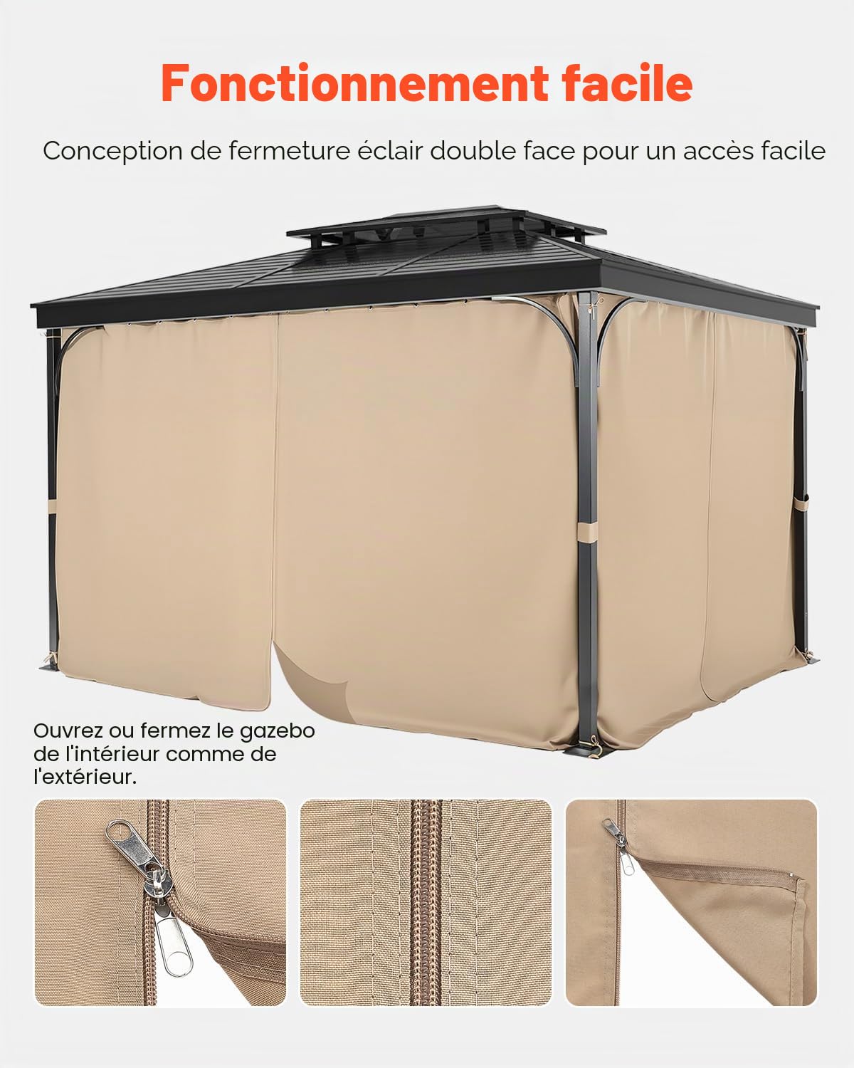 VEVOR Rideau d'Intimité pour Tonnelle Extérieur, 281x373x213 cm, Rideaux Pare-Soleil Universel Polyester Imperméable de Remplacement, avec Fermeture Éclair, pour Auvent Patio, Rideau Uniquement, Kaki