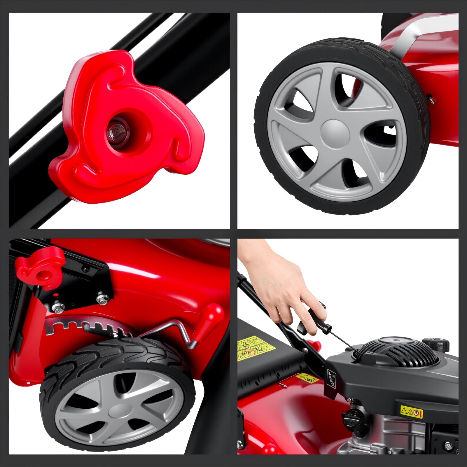Cortacésped de gas autopropulsado plegable con motor de 4 tiempos de 131 cc, 3 en 1 (bolsa/mantillo/descarga trasera), 8 alturas de corte, cubierta de acero duradero, sistema de refrigeración
