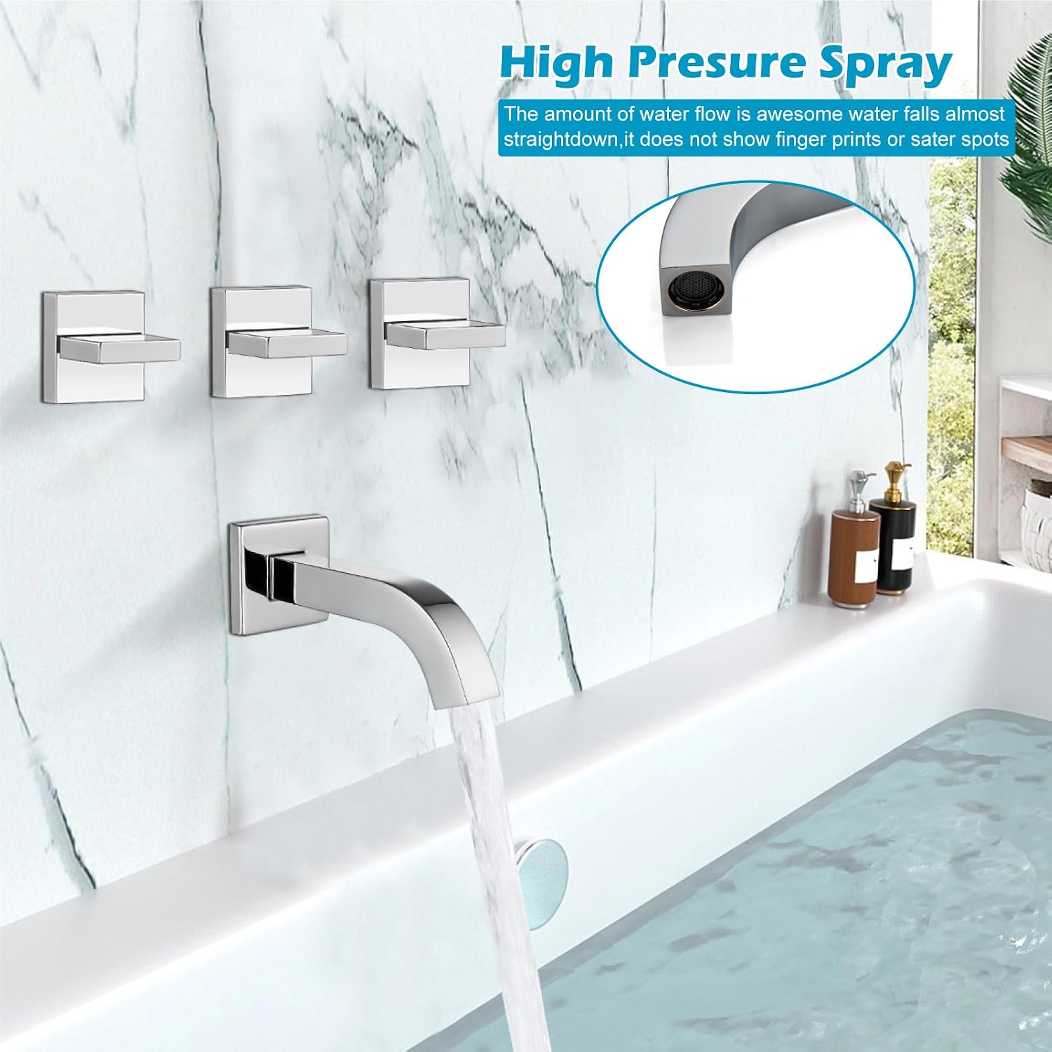 Midanya 3 Handle Tub Shower Faucet with Tub Spout,8-inch Rainfall Bathtub Rain Shower Faucet Set and Rough-in Valve Wall Mount Bathroom Trim Kit Shower System, Square Shower Head Polish Chrome