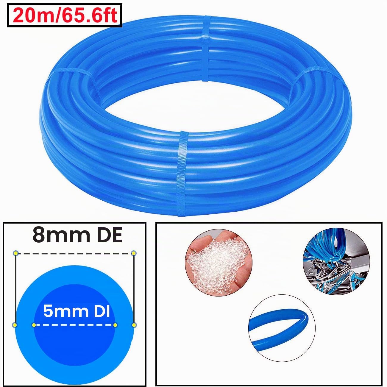 HUAZIZ Tubo Flessibile Pneumatico in Poliuretano PU - 20 Metri, Blu, 8 mm OD x 5 mm ID - Kit Con Tagliapatubi