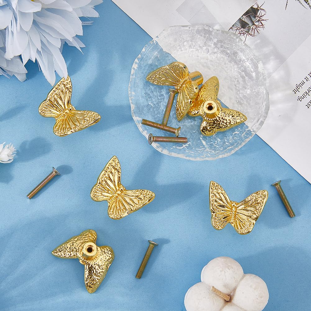 GORGECRAFT 6Pcs Gold Butterfly Drawer Knobs Metal Alloy Vintage Cabinet Dresser Decorative Single Hole Pulls Handles Knob with 6Pcs Screws for Home Kitchen Furniture Cupboard Closet Door