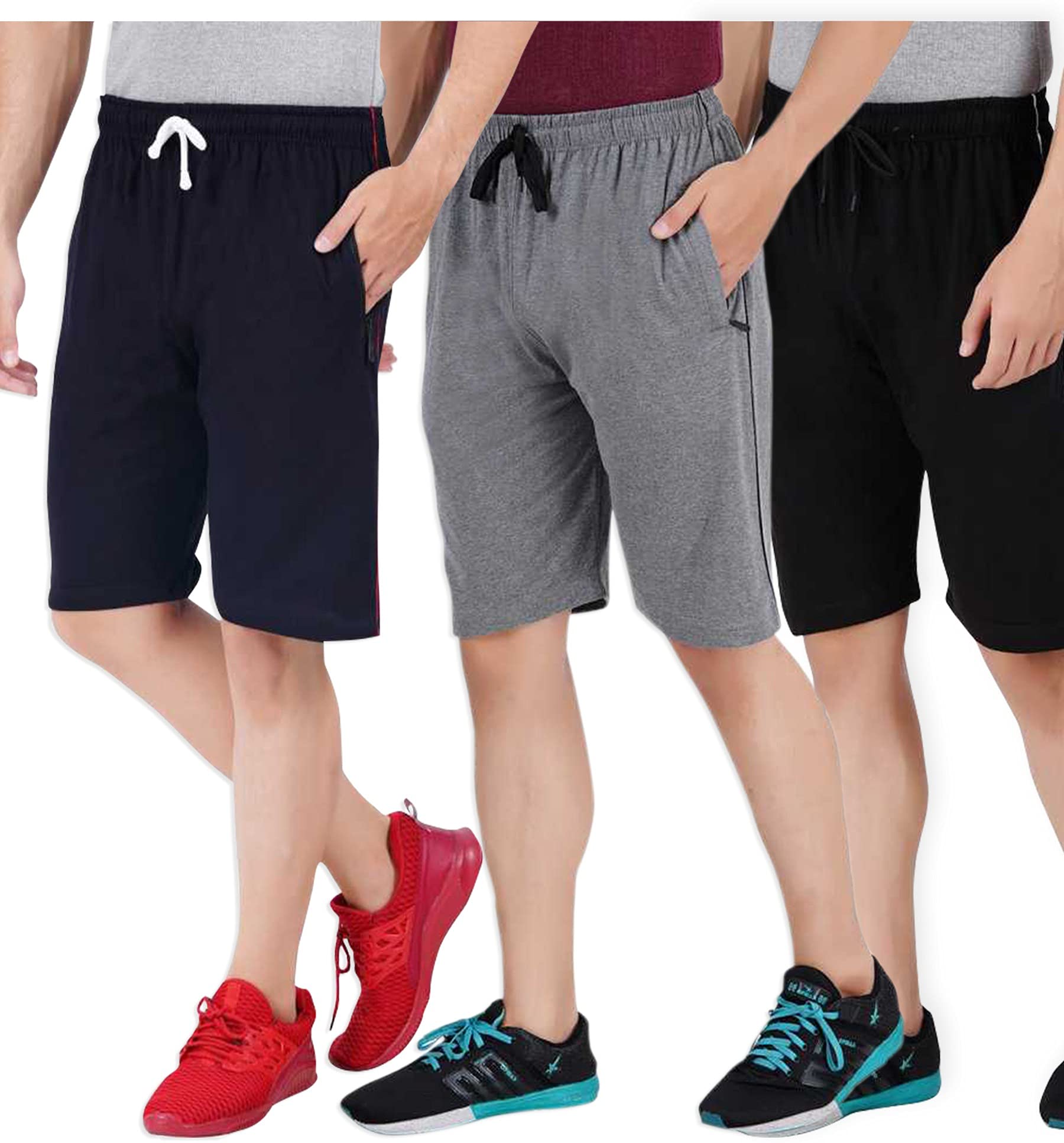 Men's Solid Regular Cotton Bermuda Shorts with 2 Zip Pockets (Pack of 3) (KM-Mens-shts-101-C3_Grey Navy Black_2XL)-image-25