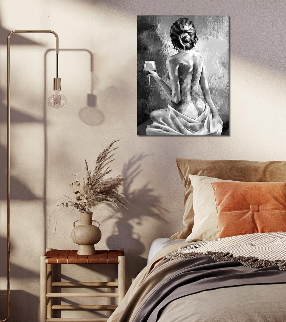 Yeesjoee Sexy Nude Abstract Women Body Wall Art, Black and White Canvas Printing, Elegant Female Back with Wine Glass Posters, Wall Decor for Bedroom Bar Apartment, 12x16 in Framed