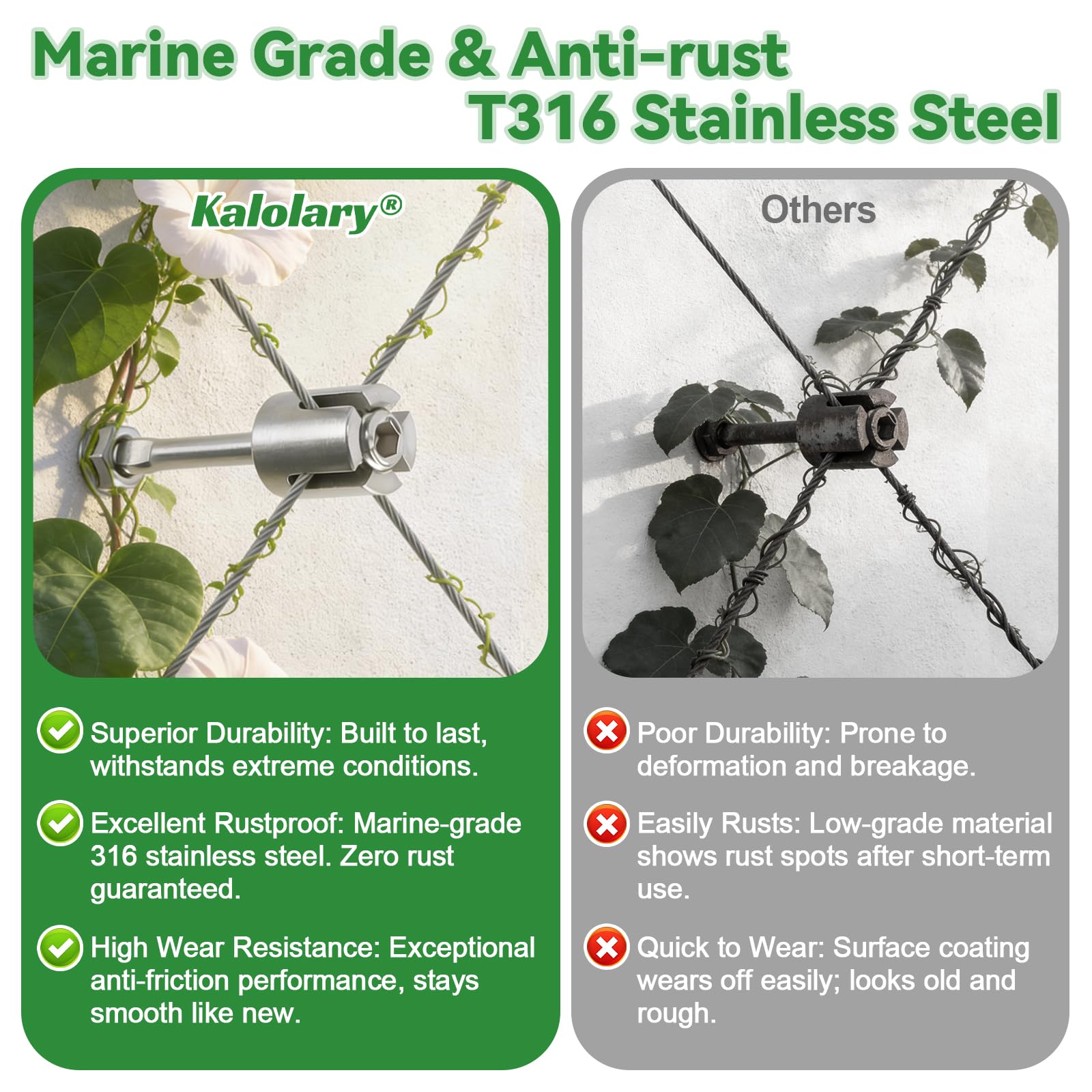 Kalolary T316 - Kit de enrejado de alambre de jardín de 12 piezas, separadores de cruceta de acero inoxidable para cuerda y varillas de alambre de 5/64 a 1/8 pulgadas, sistema de enrejado de alambre