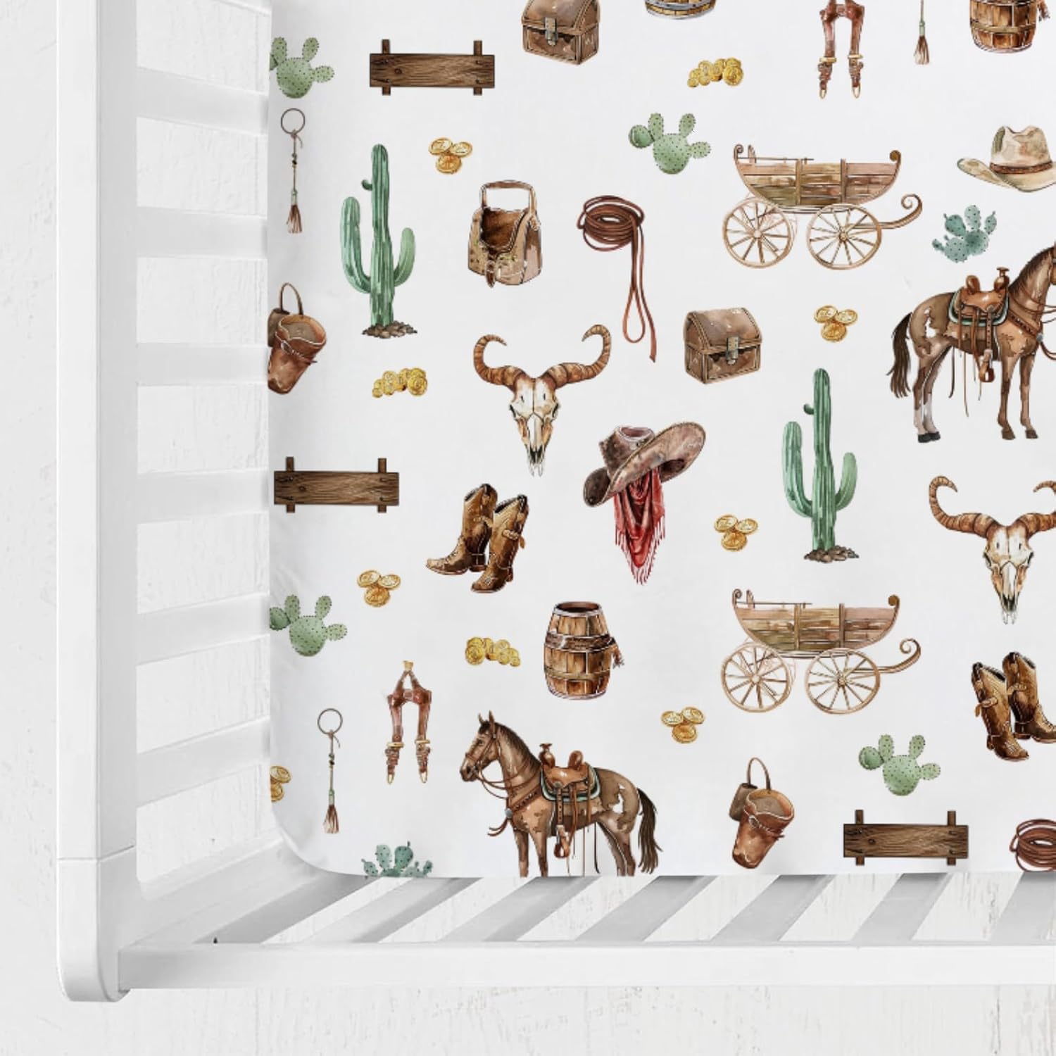 Western Cowboy Baby Crib Sheets 52''x28'' Cowboy Hat Boots Coins Cactus Goat Skull Horse Stretchy Fitted Crib Mattress Sheet for Boy Soft Baby Nursery Bed Sheets for Standard Crib Toddler Mattresses