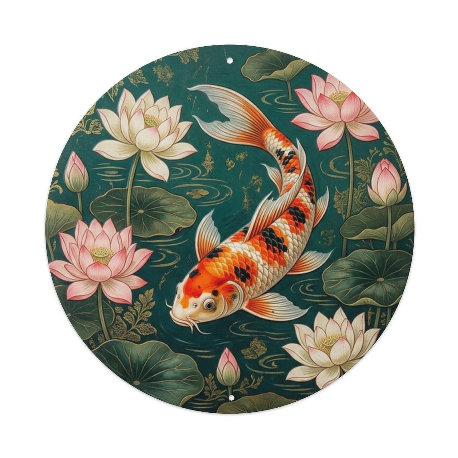 Fqcyn Style Koi Fish Imperial Lotus Pond Livingroom Metal Tin Sign Plaque Wall Decor For Cafe, Club Bar, Office, Home Garden Round Metal Poster 8X8inch