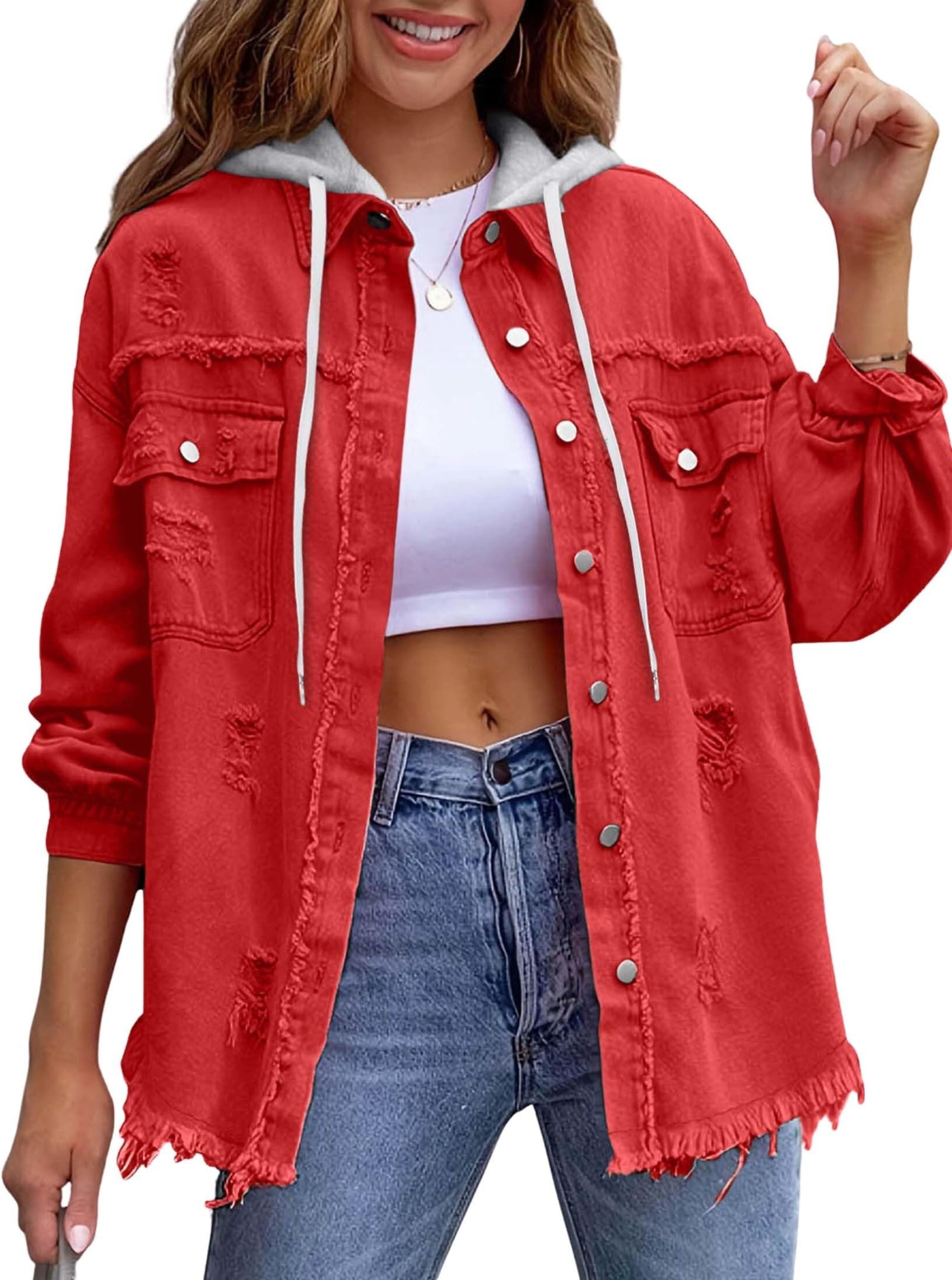 - Aztec Denim Jacket for Women Oversized Button Down Spring Distressed Denim Jean Shirt Shacket Jacket
