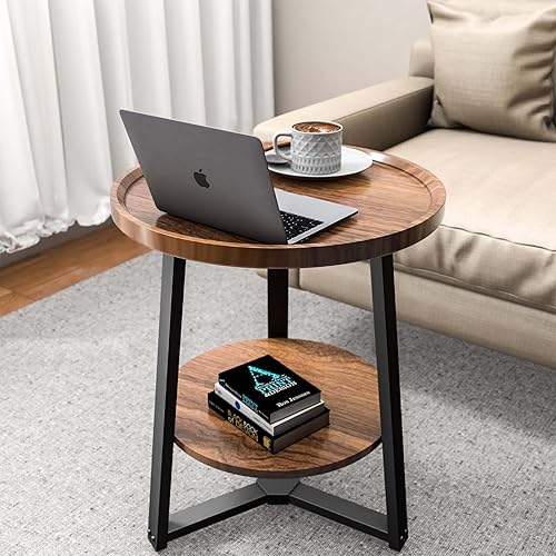 texinpress Mesa auxiliar redonda con estante de almacenamiento, mesa auxiliar redonda de 2 niveles para sala de estar, dormitorio, mesa de madera y