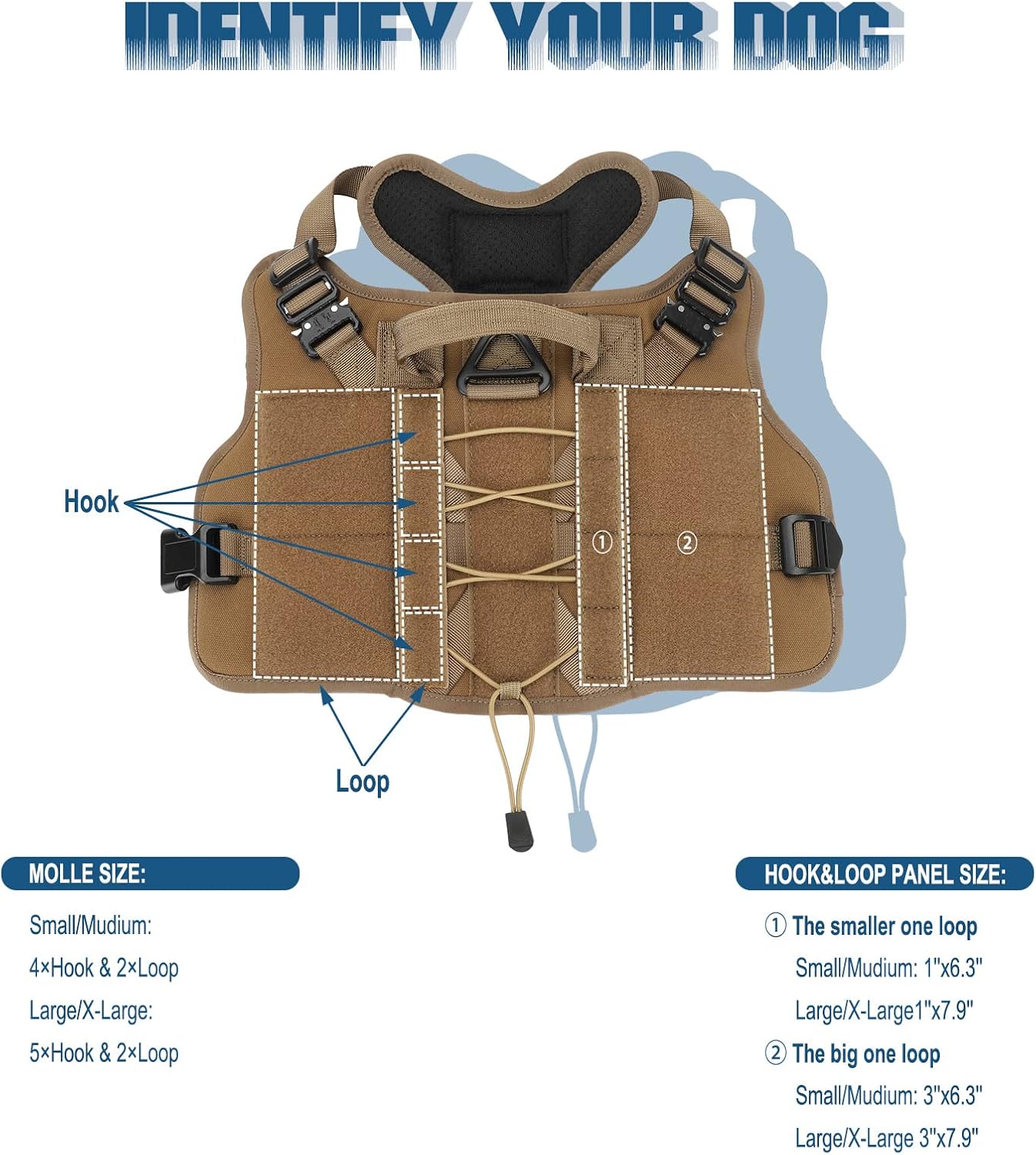 PETNANNY Tactical Service Dog Vest - No-Pull Emotional Support Harness with Hook & Loop Patches & Molle System for Training & Hunting (Khaki, Medium)