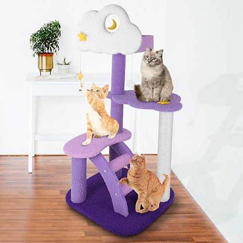 Miniatura 6 de Torre para gatos de 42 pulgadas con poste rascador de sisal, torre de escalada adorable de 3 capas para gatos de interior, árboles de actividad para