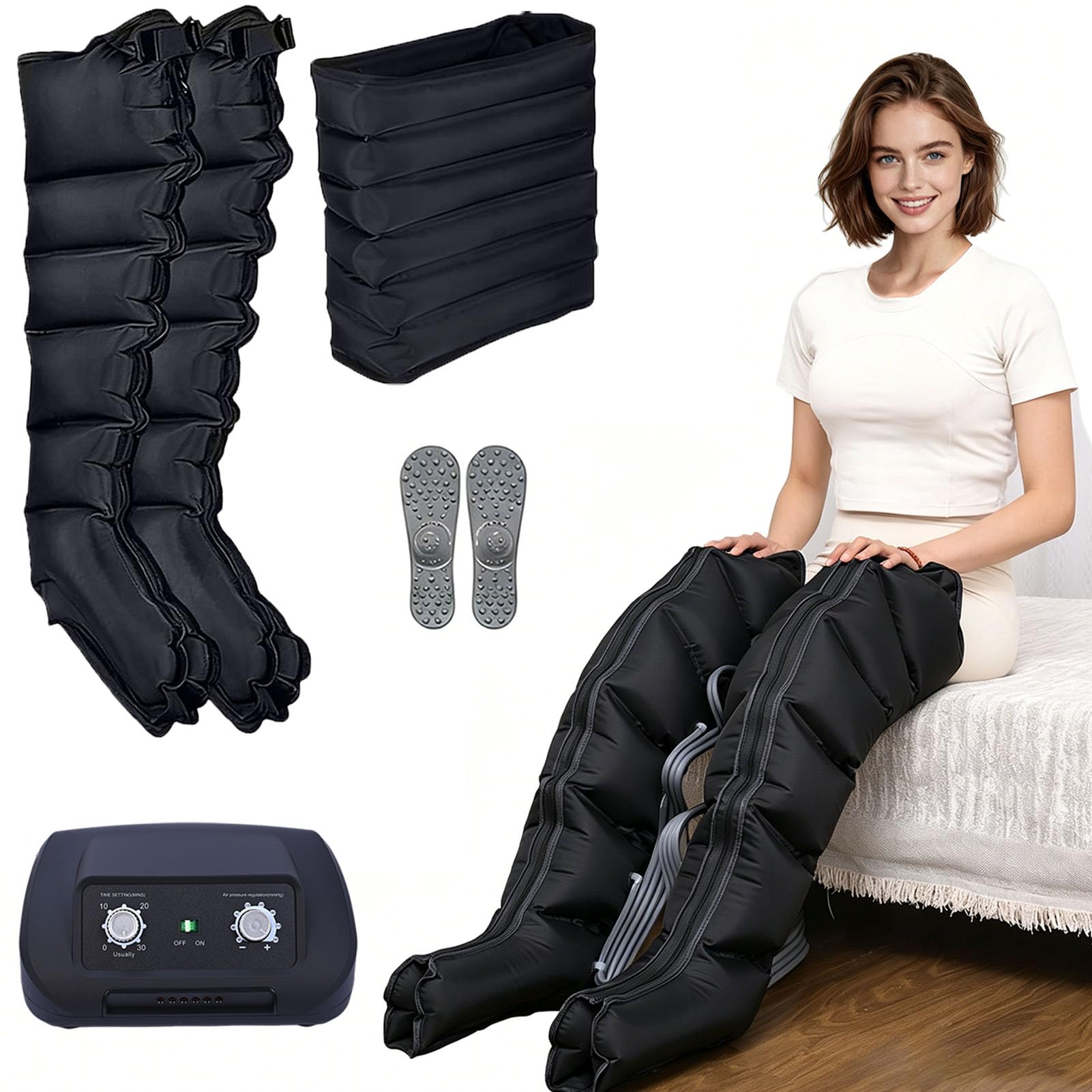 Appareil de Pressothérapie, 6 Chambres, Drainage Lymphatique, Jambes, Ventre et Bras, Pression Réglable 0-240mmHg, Minuteur 0-30 Min (XL, 2legs + waist)
