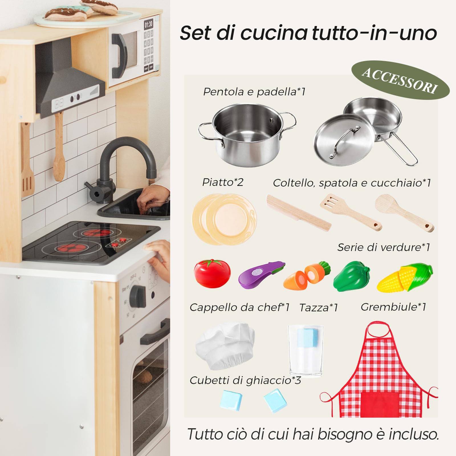 Tiny Land Cucina Giocattolo Per Bambini con 18 accessori per cibo e pentole giocattolo Set da gioco Set da gioco per chef in legno per bambini con luci e suoni reali