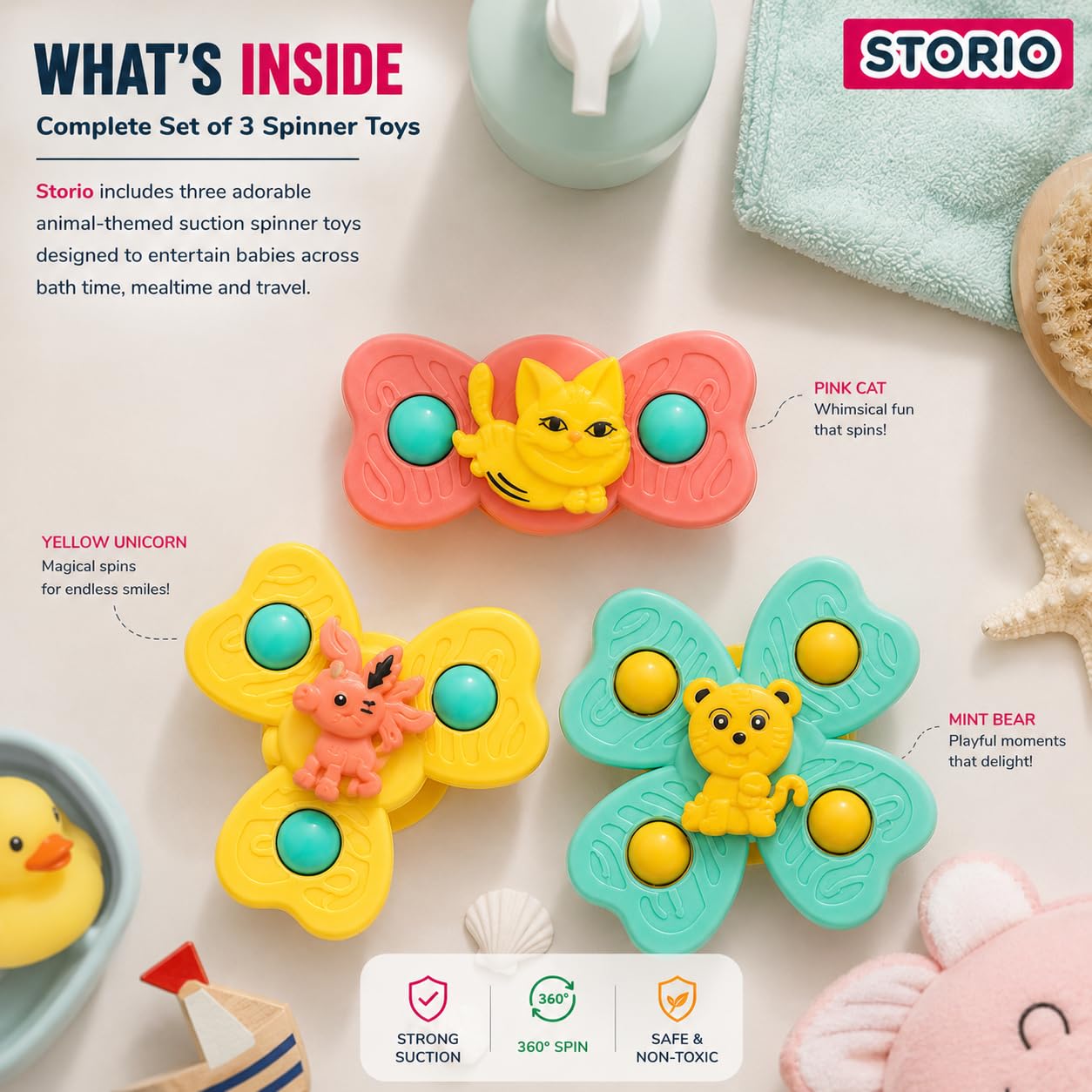 Storio Baby Products Bath Toys Suction Cup Spinner Toy | Set of 3 | for Baby Boys Girls | Pop up Waterproof Suction Cup Spinning Top Rotating Montessori Learning Toy 3