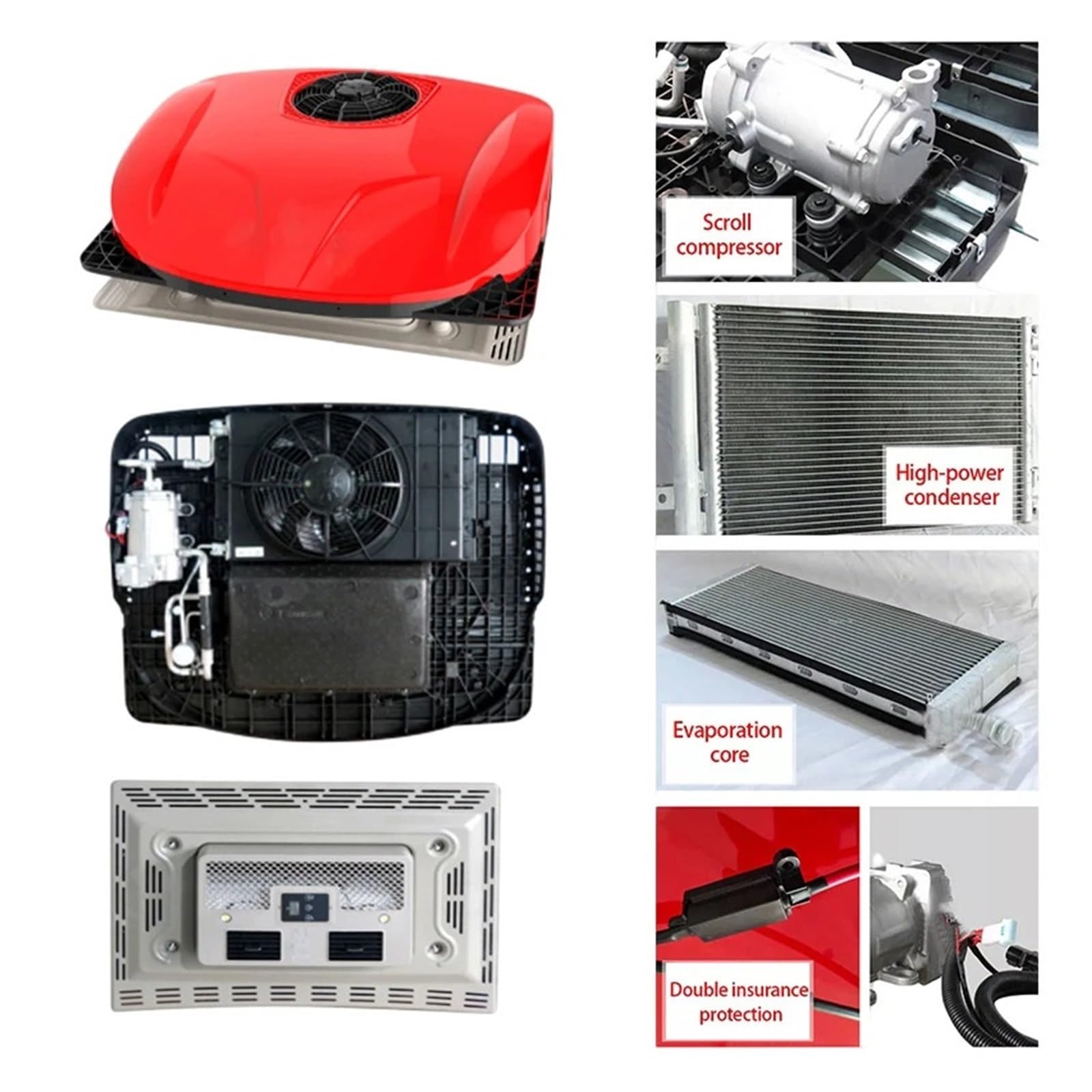 Pokrycie dachowe Zasilanie Dc12V24V Ciężarówka Turbo Inverter Sprężarka Samochód elektryczny RV Autobus Parking Klimatyzator Chłodnica 12v2kw Mocne chłodzenie (czerwony DC12V)