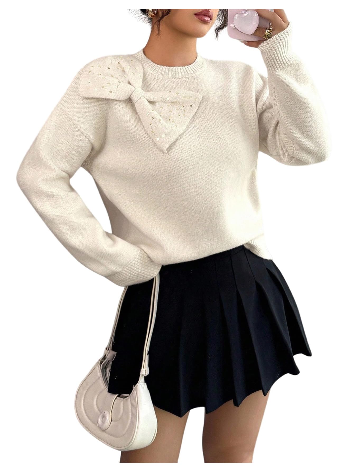 SOLY HUX Womens Sequin Bow Sweater Long Sleeve Tops Elegant Loose Pullovers Aesthetic Clothes