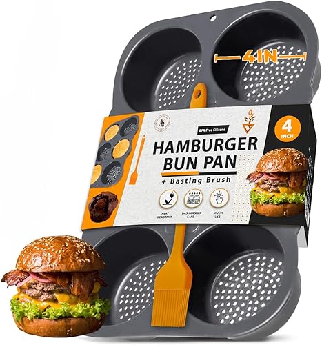 Hamburger Bun Pan, Non-Stick Silicone - Oven-Safe, Vented 6-Cavity Baking Mold, Dishwasher Safe with Basting Brush