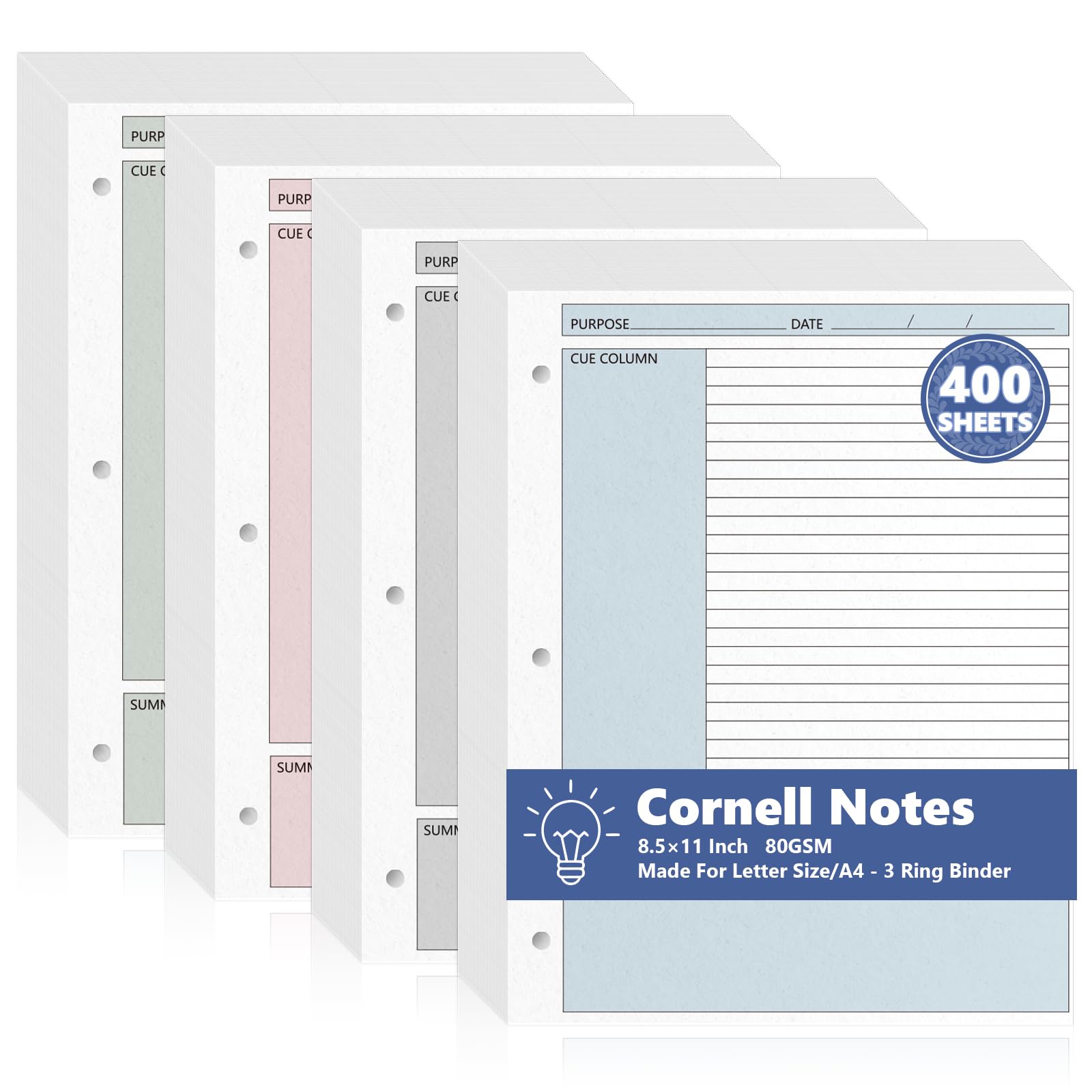 Cornell Lot de 400 feuilles de papier volantes colorées 21,6 x 27,9 cm pour classeur à 3 anneaux, carnet ligné, système de prise en vrac, papier de remplissage imprimé double face pour école, bureau