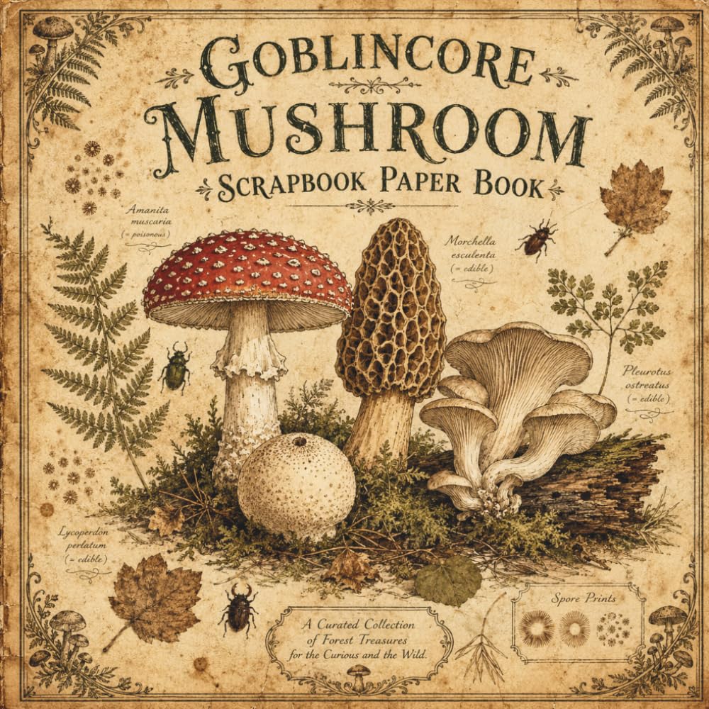 Goblincore Mushroom Scrapbook Paper Book: 20 Single-Sided Decorative Designs for Junk Journaling, Collage, Mixed Media and Papercrafts