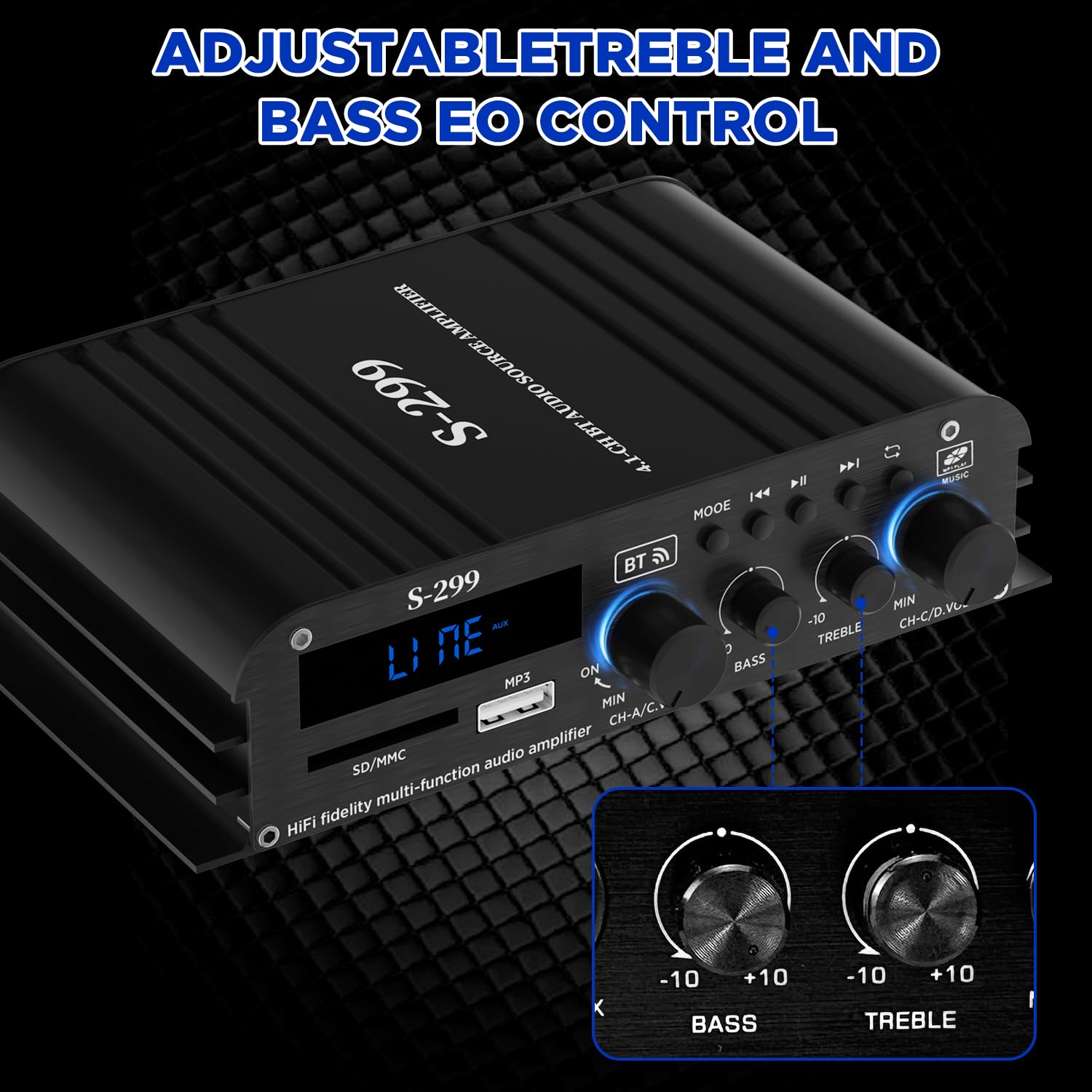 1600W Amplificateur hifi Bluetooth 5.0, 40W x 4 +Caisson de basses actif | 4,1 CH Ampli Voiture Home Cinema Amplificateur de son Avec TF/USB Récepteur pour Mobile Maison Chambre