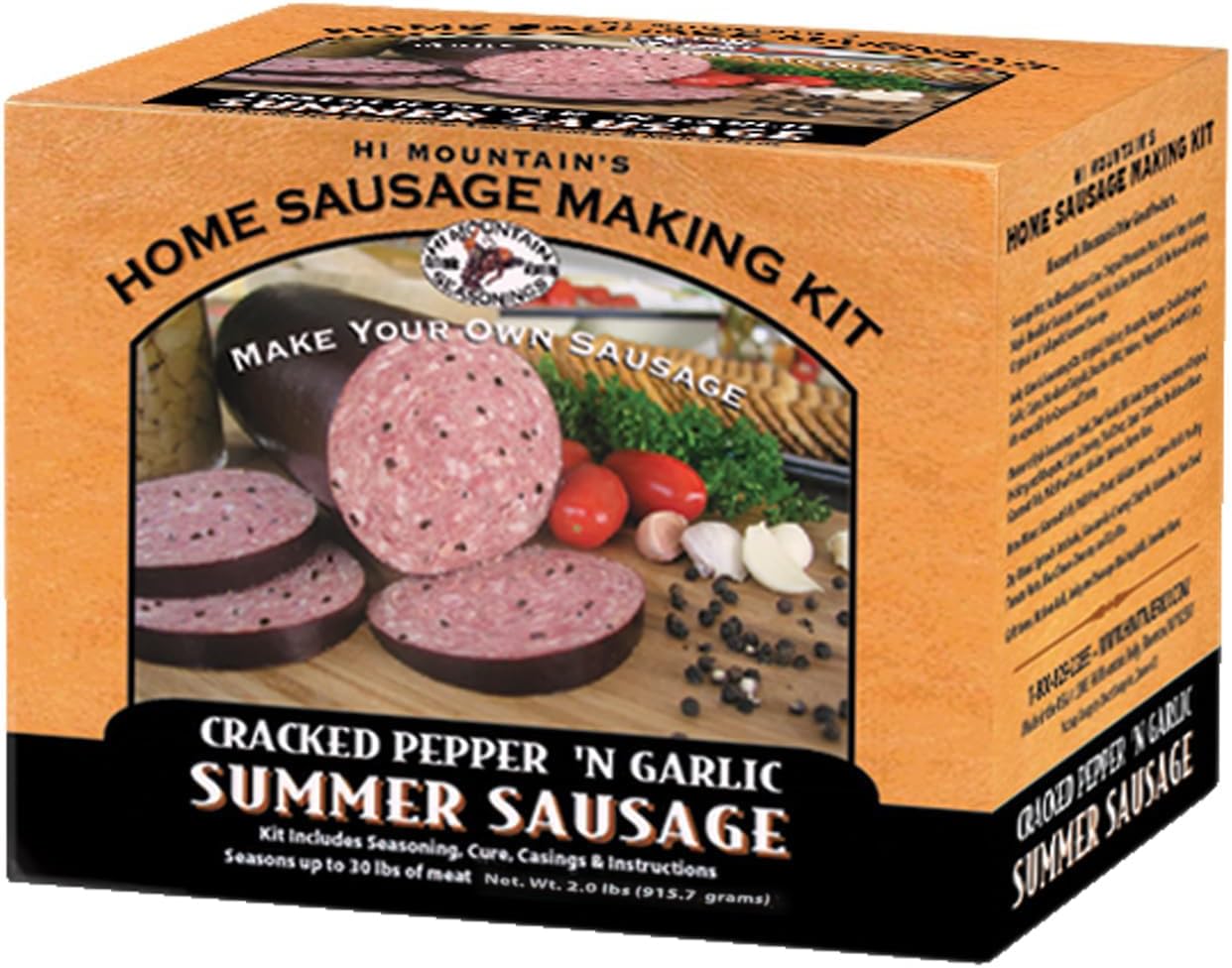 Hi Mountain Summer Sausage Seasoning Kit | CRACKED PEPPER 'N GARLIC | Includes 10 Casings, Seasoning, Cure, & Directions | Ideal for Beef, Pork, Venison, Deer & Wild Game | Makes up to 30 lbs