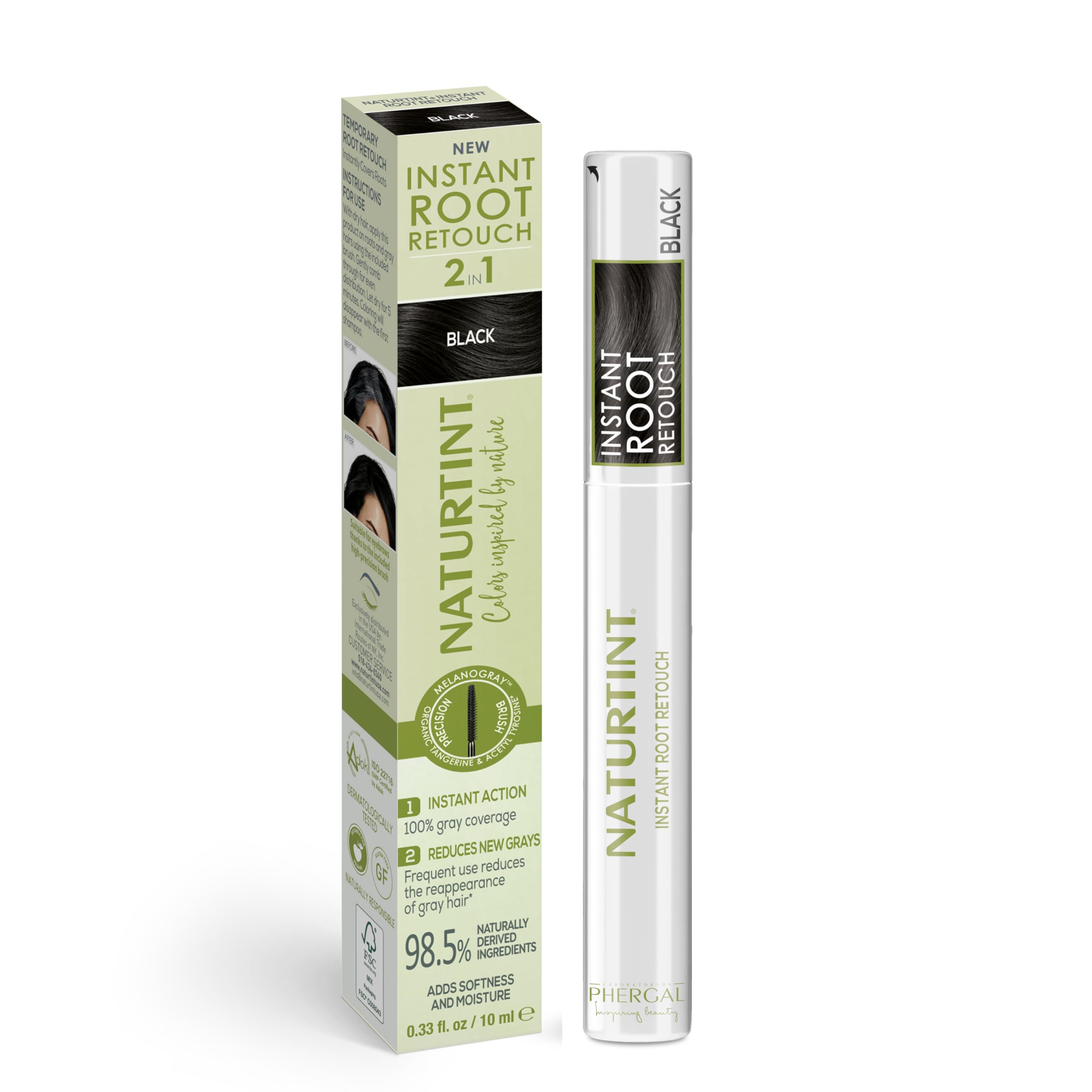 Naturtint | Instant Root Retouch | Retocador Temporal de Canas, Raíces y Cejas | Cobertura 100% de Canas | Práctico y Cómodo gracias a su Cepillo | 98,​5% Ingredientes Naturales | Color Black | 10 ml