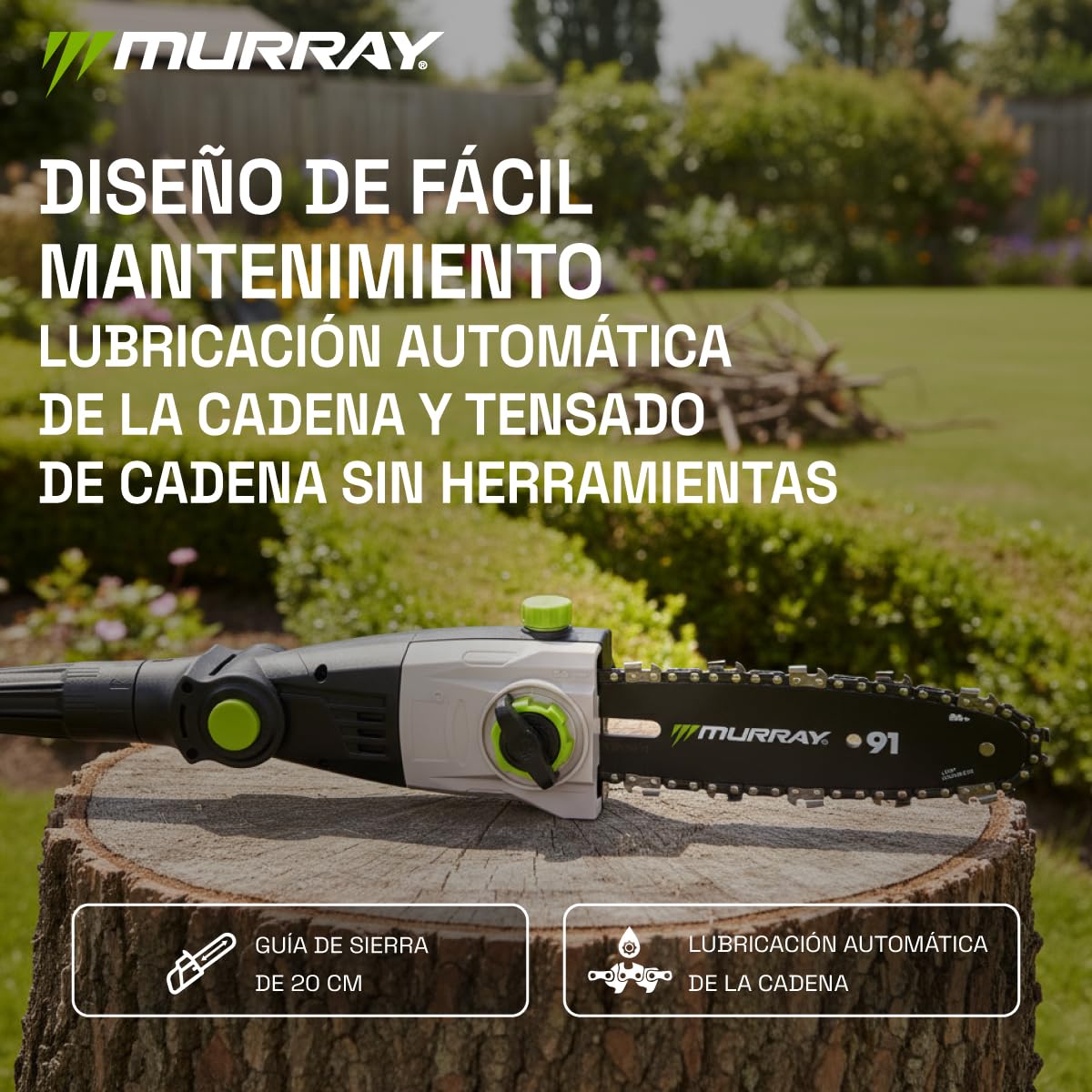 Murray Cortasetos & Motosierra Telescópica 2-en-1 con Batería MU-Bat-MM-CSHT-Kit – 20V, 3Ah, Hoja de Corte 40 cm, Guía de Sierra 20 cm, Sistema SDS, Inclinable, Alcance 330 cm