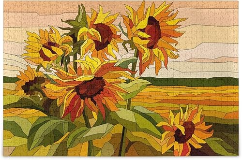 VIKKO Rompecabezas floral de girasoles de vidrieras de 1000 piezas para adultos y niños, 29.5 x 19.7 pulgadas, juguetes de inteligencia para