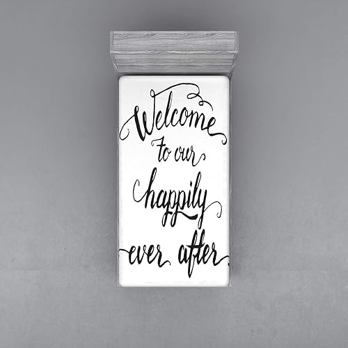 Miniatura 2 de Ambesonne Saying Fitted Sheet, Vintage Fountain Pen Lettering Wedding Welcome to Our Happily Ever After, Bed Cover with All-Round Elastic Deep
