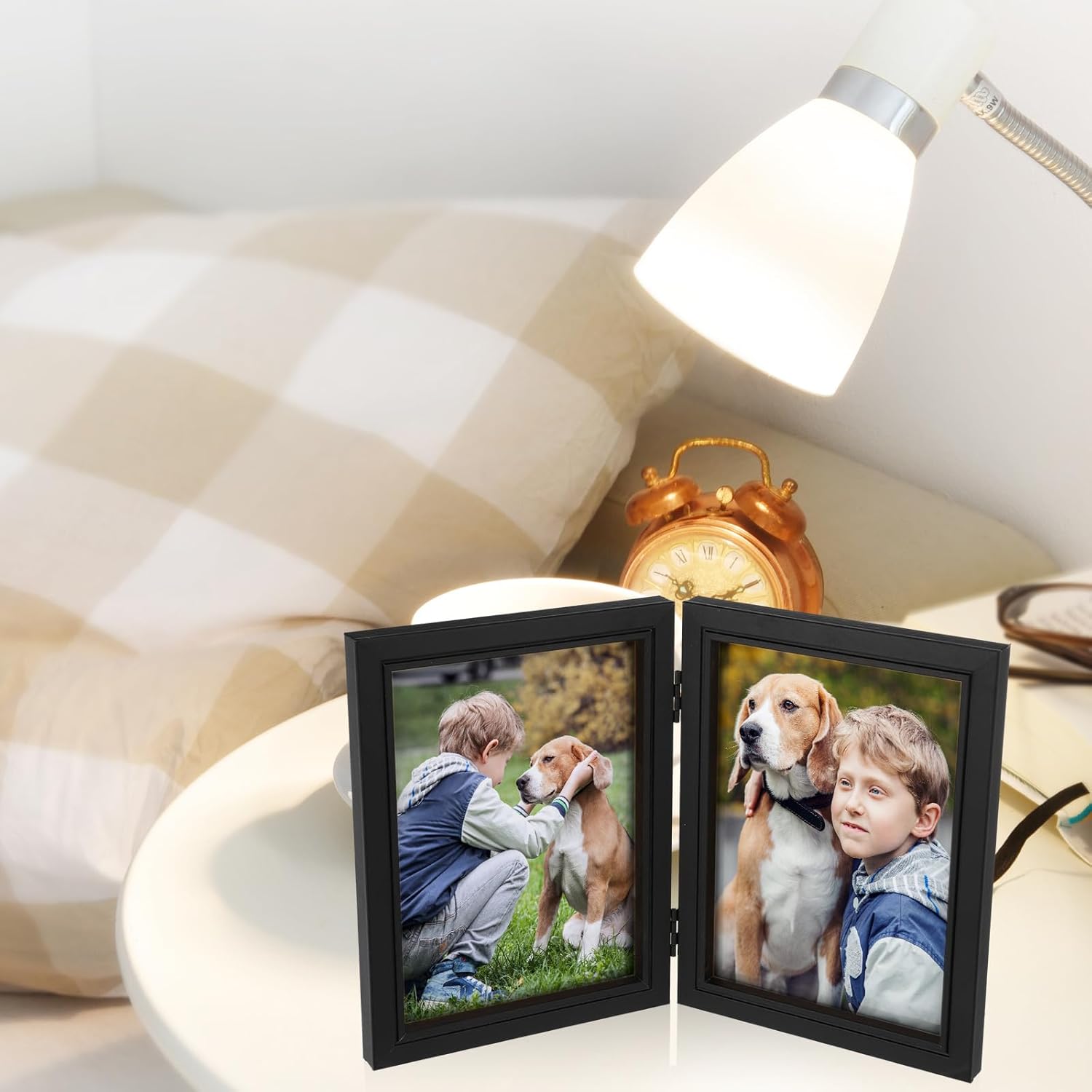 Kigley 4 Pcs 5 x 7 Double Picture Frames Hinged Vertical Double Standing Picture Frames Black 2 Opening Folding Family Frames for School Family Collage Tabletop Displays Decoration