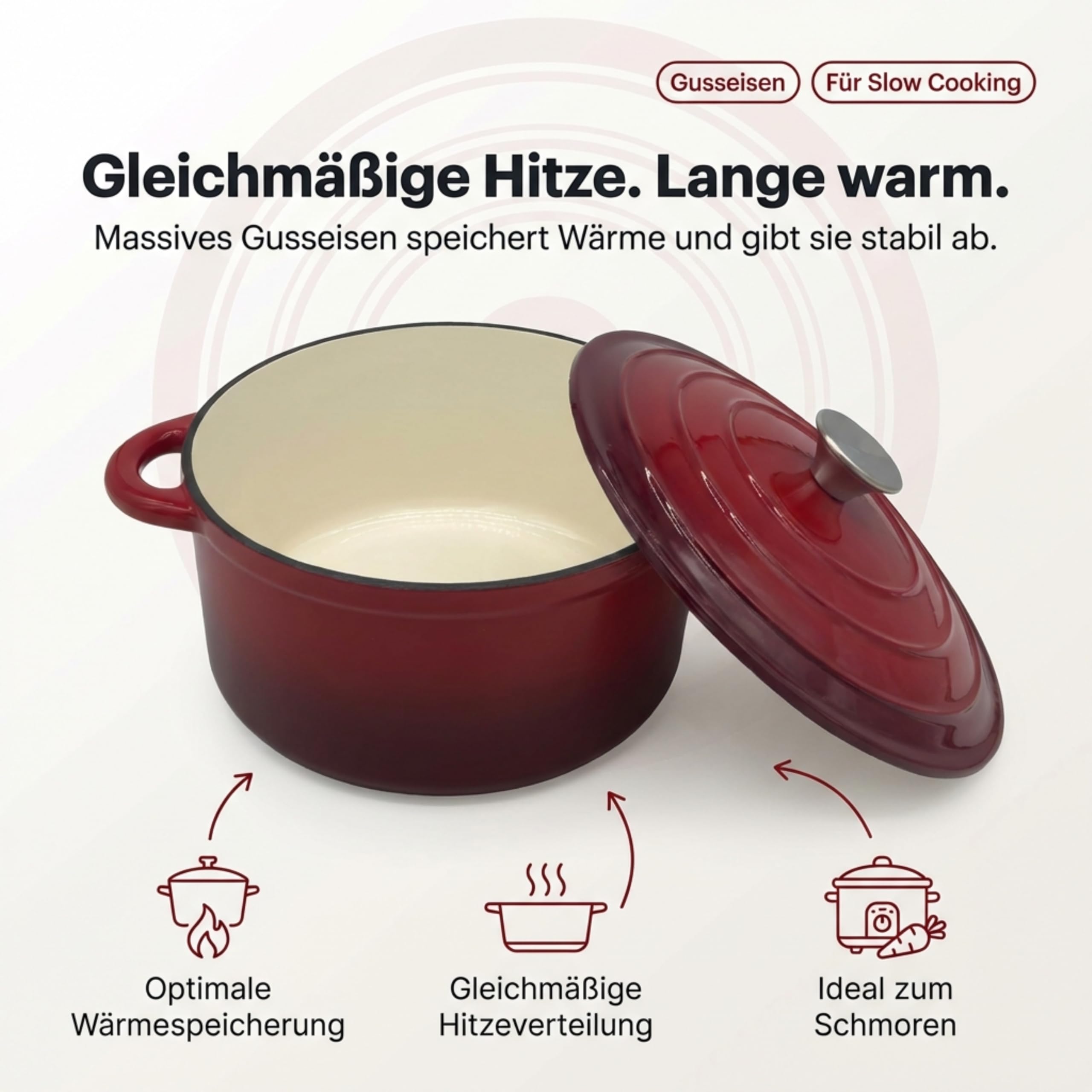 Homira Gusseisen Bräter Ø 26 cm mit Deckel – Emaille Schmortopf aus massivem Gusseisen, Dutch Oven für Induktion & alle Herdarten, backofenfest, ideal für Schmoren, Braten & Eintöpfe