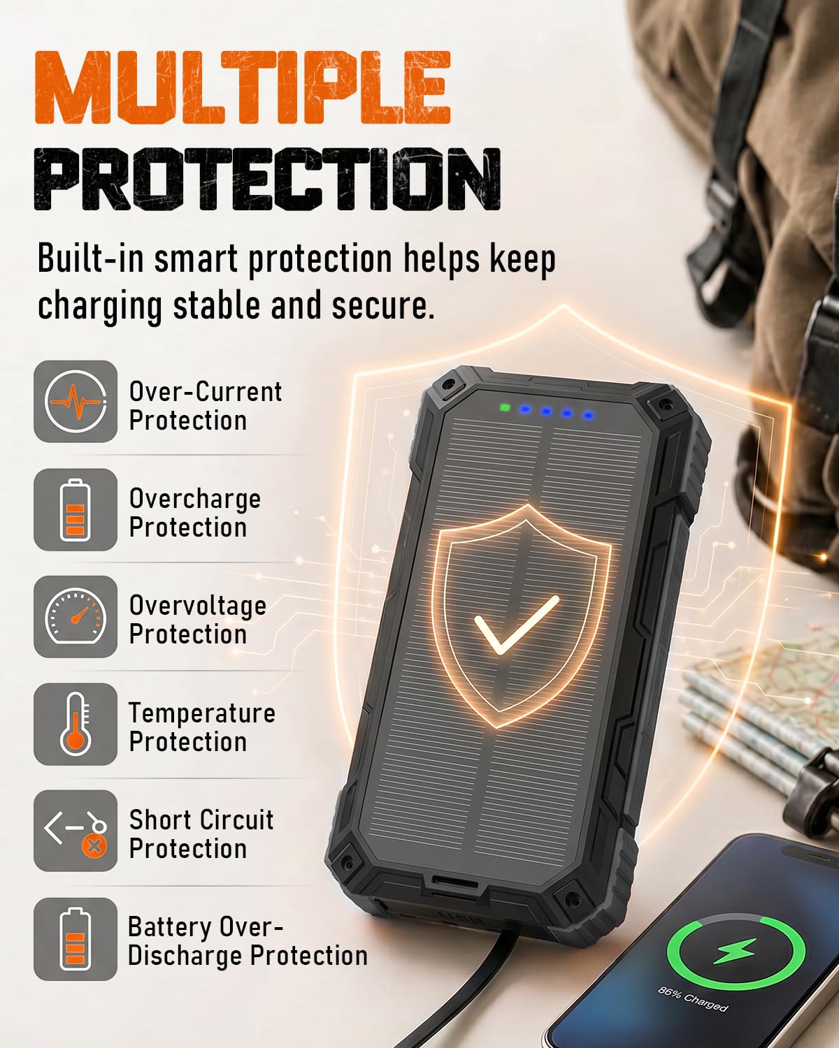Cargador solar de 49800 mAh, cargador solar para teléfono con entrada y salida USB-C, carga rápida QC 3.0 con linterna LED, 4 cables integrados, IP65 impermeable para exteriores (negro)