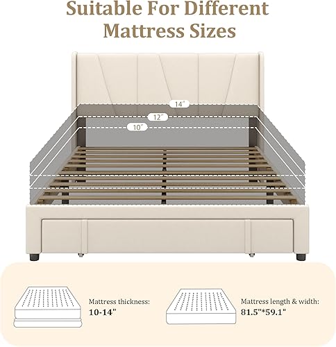 Miniatura 7 de Marco de Cama Queen con Cajones de Almacenamiento, Cama de Plataforma Tapizada Tamaño Queen con Cabecera de 47" de Alto y Respaldo Lateral, No