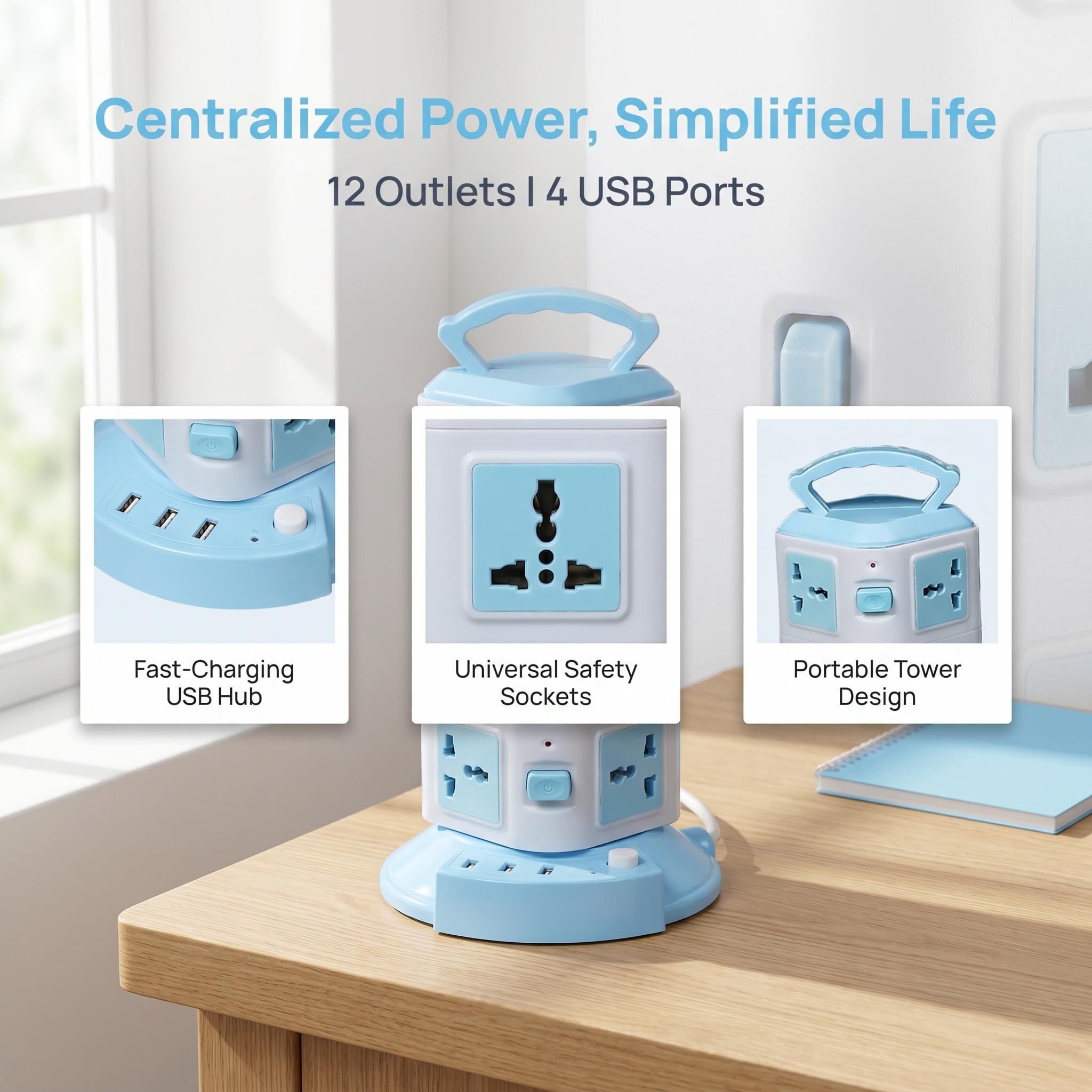 Multipresa USB Verticale con Spina Piatta - Protezione da Sovratensione Compatta per Prese Domestiche, Ideale per Viaggi E Risparmio di Spazio.