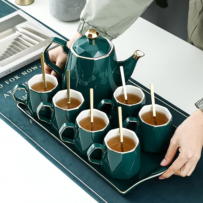 Buy DUJUST 14 pcs Tea Set of 6 with Tea Tray & Spoons, Modern Diamond
