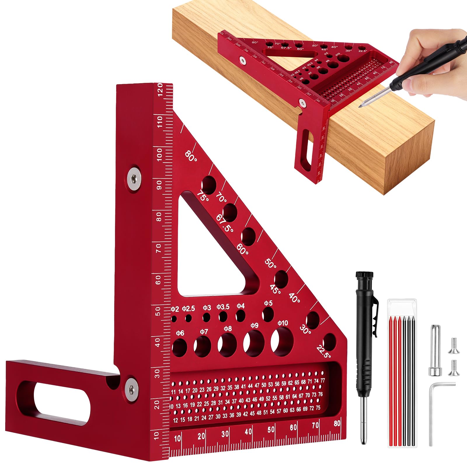 Flintronic 3D Carpenter Square, 22.5-90 Degree Aluminium Alloy Angle Measuring Ruler, 120mm High Precision Woodworking Speed Square with Woodworking Pens for Engineers Carpenters(Red)