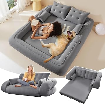Folding Sofa Bed,3-in-1DIY Convertible Sleeper Sofa,Teddy Velvet Couch with Armrest,Foldable Mattress with Back Support,Foldable Lazy Sofabed ,78.7" Human Dog Bed for Living Room Bedroom,Grey