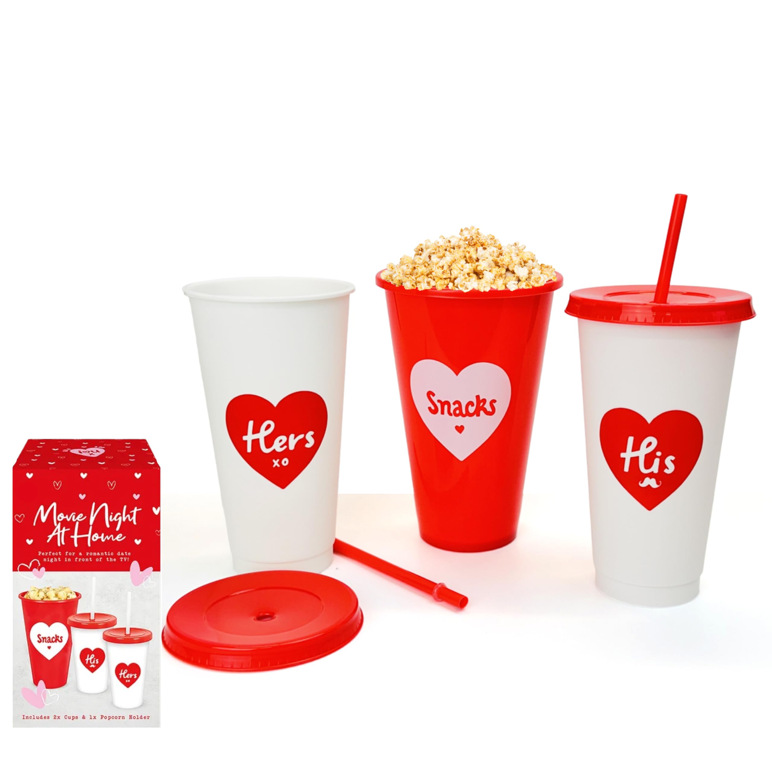 Lizzy Movie Night at Home Kit with 2 Reusable Cups & Straws and Popcorn Holder, Romantic Date Night Gift Set for Couples, Valentine's Day, Anniversary, Birthday & Cinema Nights