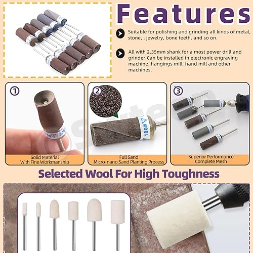Miniatura 5 de Swpeet Juego de 16 piezas de piedra de molienda de vástago de 18 y 332 pulgadas, juego de muelas abrasivas de pulido montadas contiene 2 formas, 3
