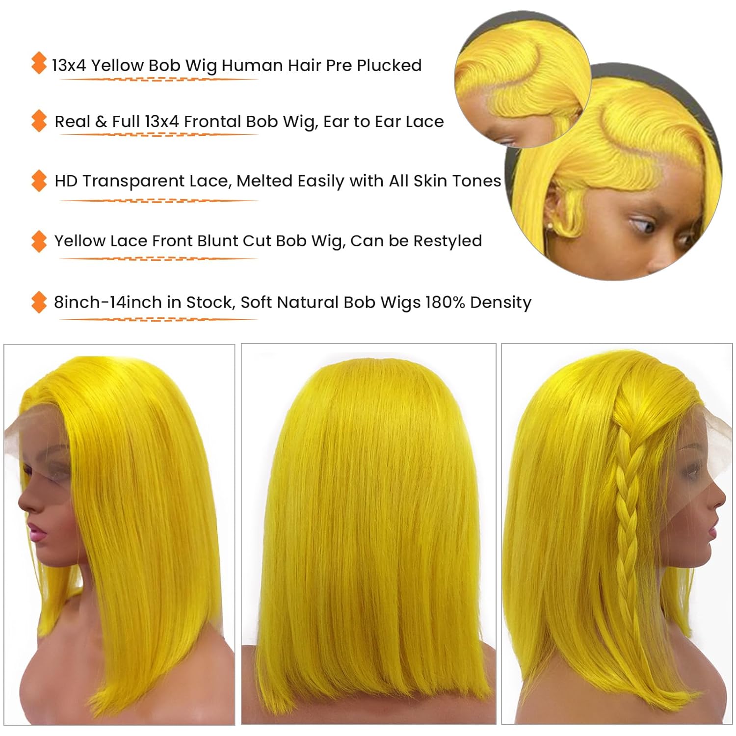 Licoville Yellow Bob Wig Human Hair Glueless 13x4 HD Transparent Lace Front Wig Human Hair Wigs 10 Inch Silky Straight Colored Yellow Bob Short Human Hair Frontal Lace Wig for Women Pre Plucked