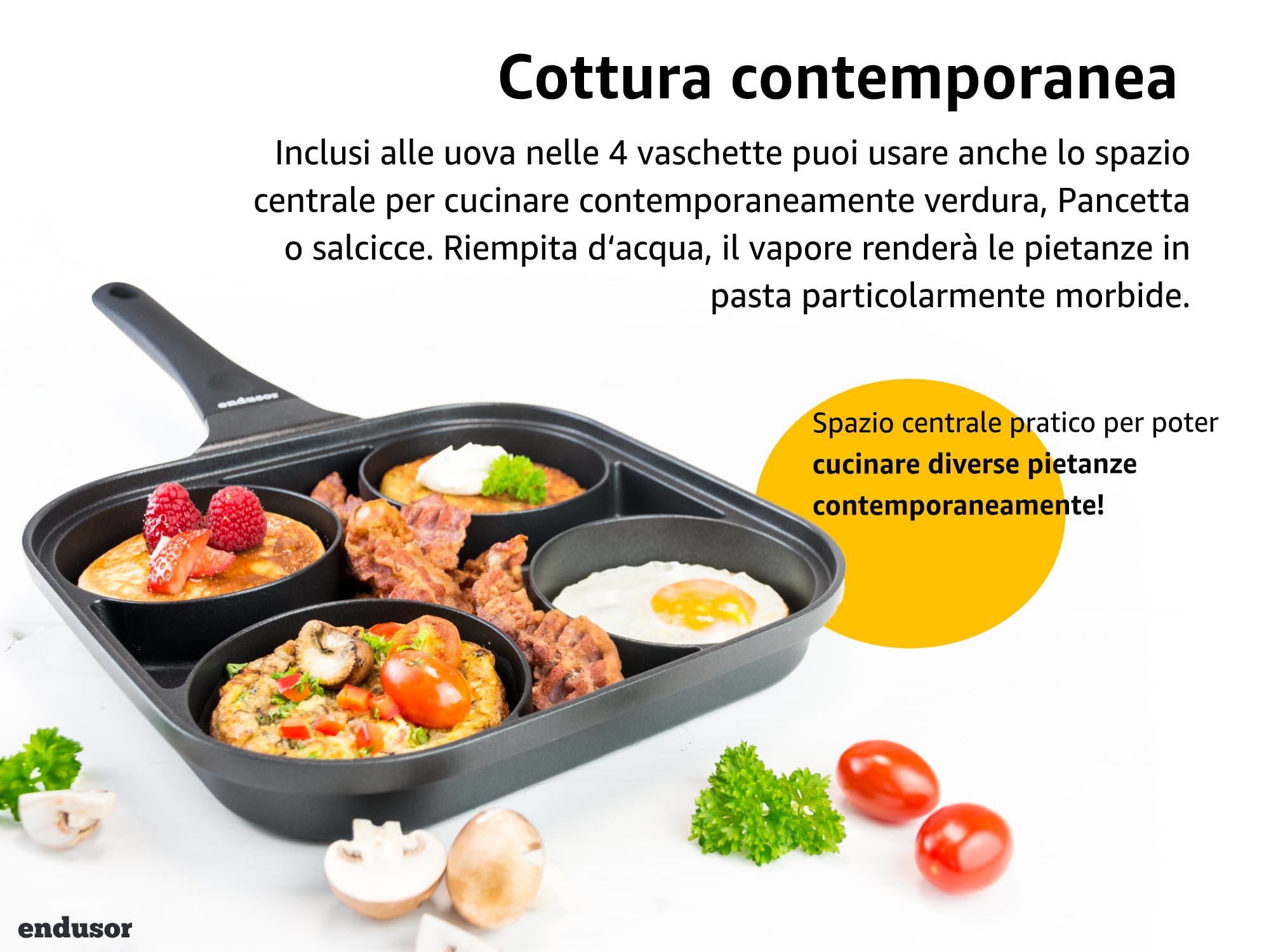 endusor Padella pancake e uova fritte - 27 cm padella per pancake antiaderente con coperchio | Per Fornelli a Induzione Gas Ceramica Elettrici Alogeni| Piastra a 4 stampi per Pancakes Uova Fritte