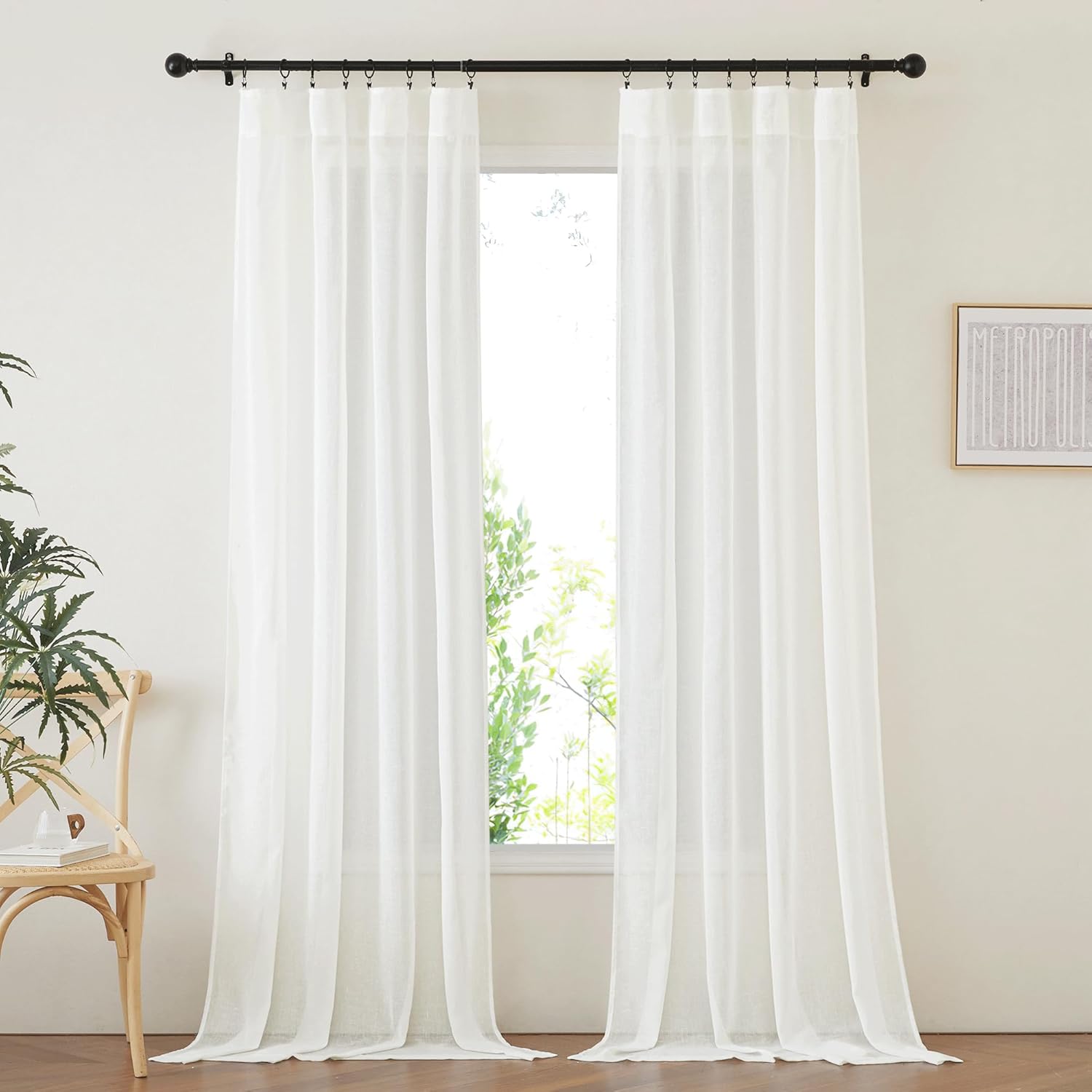 NICETOWN Semi Sheer Curtains 108 inches Long for Living Room, Rod Pocket & Back Tab Linen Blend Window Treatments Privacy with Light Filtering for Bedroom, Ivory, W52 x L108, 2 Panels