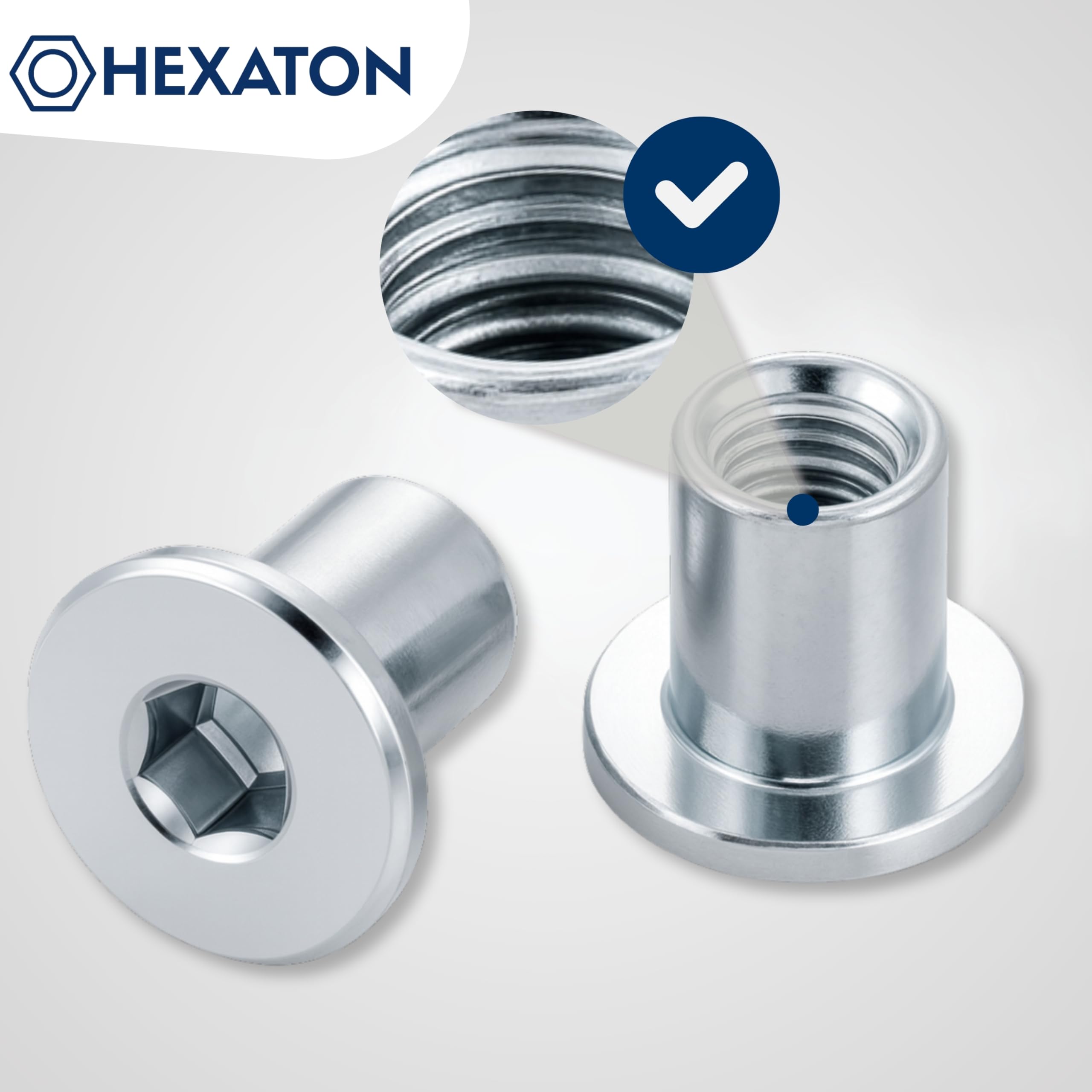 HEXATON Dadi a Manicotto M6 x 13 x 11 mm - 10 Pezzi - Dadi Esagonali per Mobili a Testa Piatta con Flangia e Cava Esagonale - Acciaio Zincato