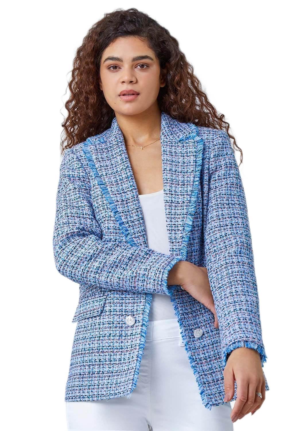 Roman Women's Frayed Edge Boucle Check Jacket in Blue | Size: 14