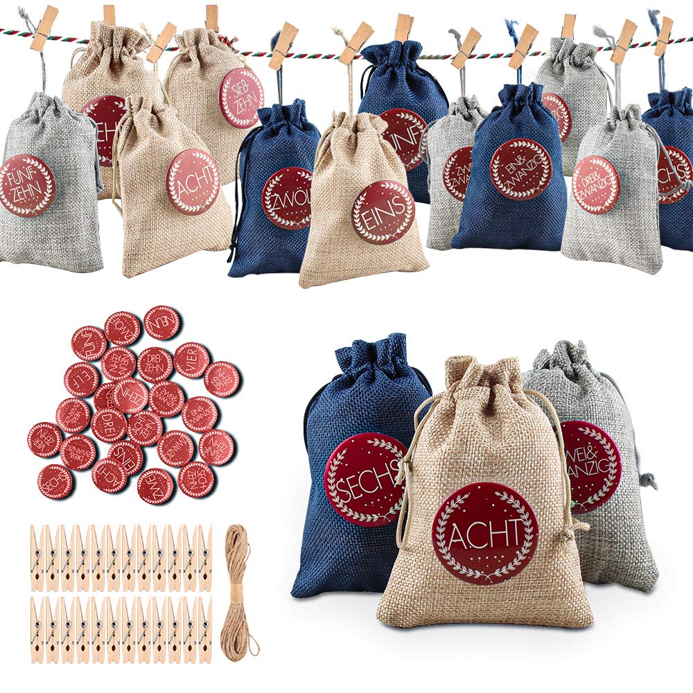 Calendario Adviento Saquitos, 24 Bolsas de Lino Calendario de Adviento, Bolsas de Dulces con 24 Insignias Digitales, Bolsas de Regalo de Bodas para Decorar el Calendario de Adviento en Casa (roja)