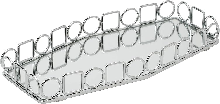 Home Details Mirrored Vanity Tray | Circles and Squares Design | Dresser | Desk | Cosmetic & Jewelry Organizer | Perfume | Decorative | Chrome
